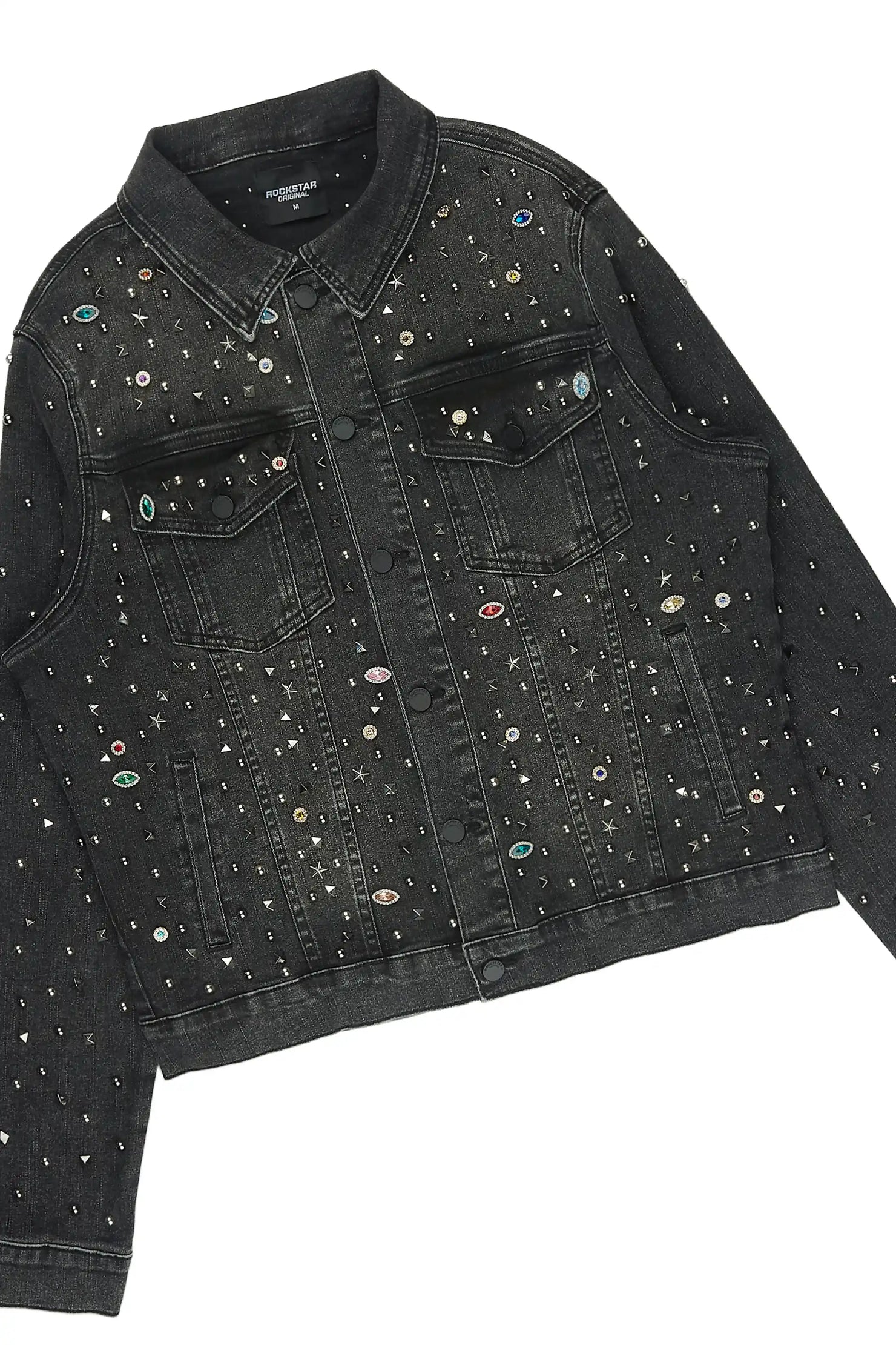 Norris Jet Black Rhinestone Denim Jacket/Stacked Flare Jean Set