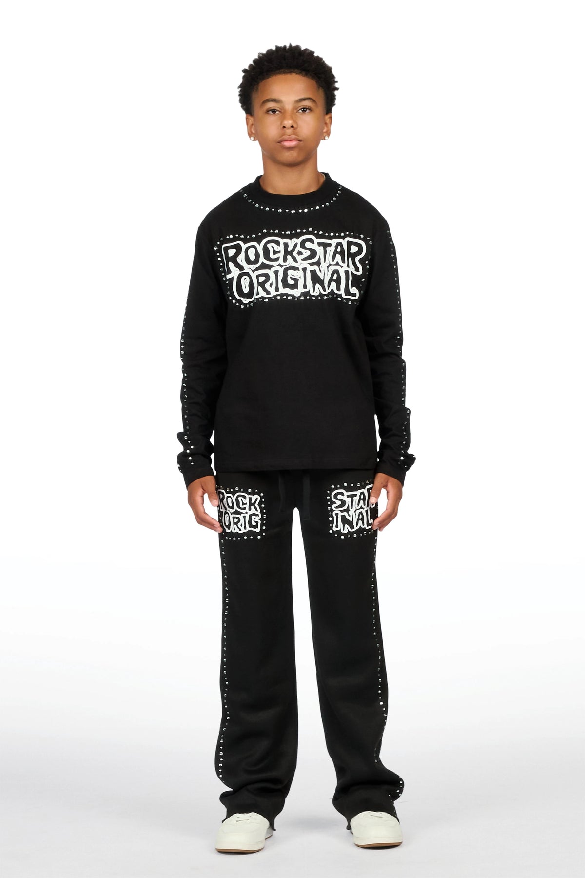 Boys Marc Black Rhinestone Long Sleeve Shirt Relaxed Track Set