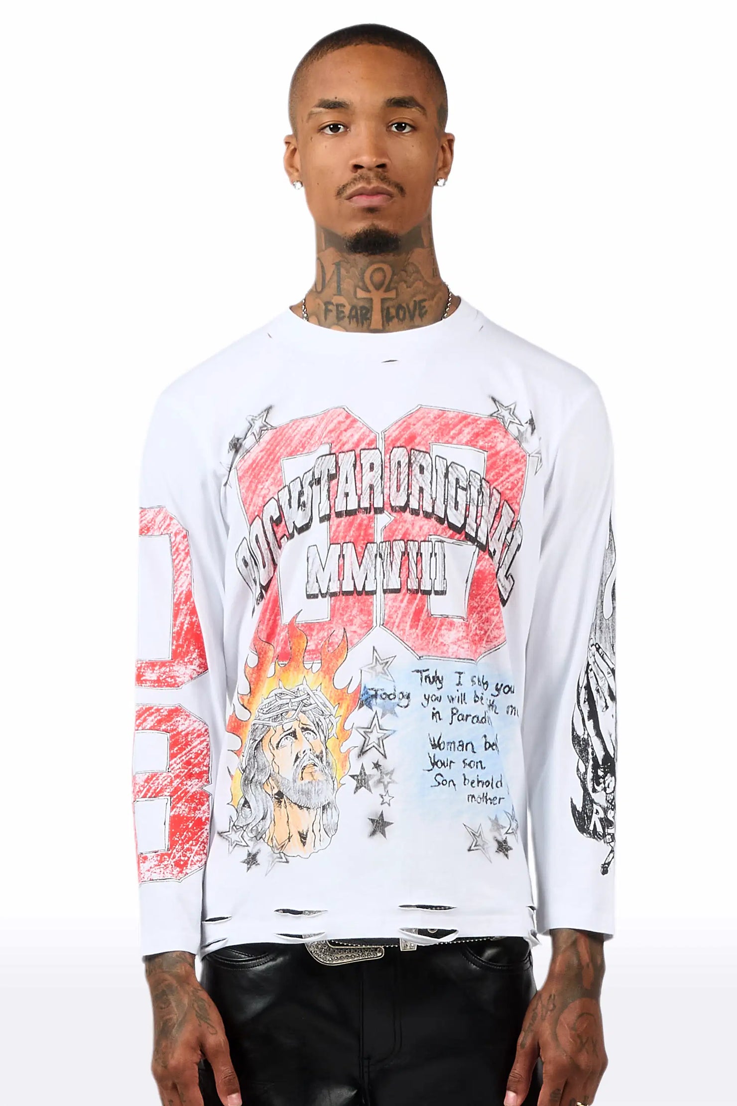 Jesus Crayon White Long Sleeve Graphic T-Shirt