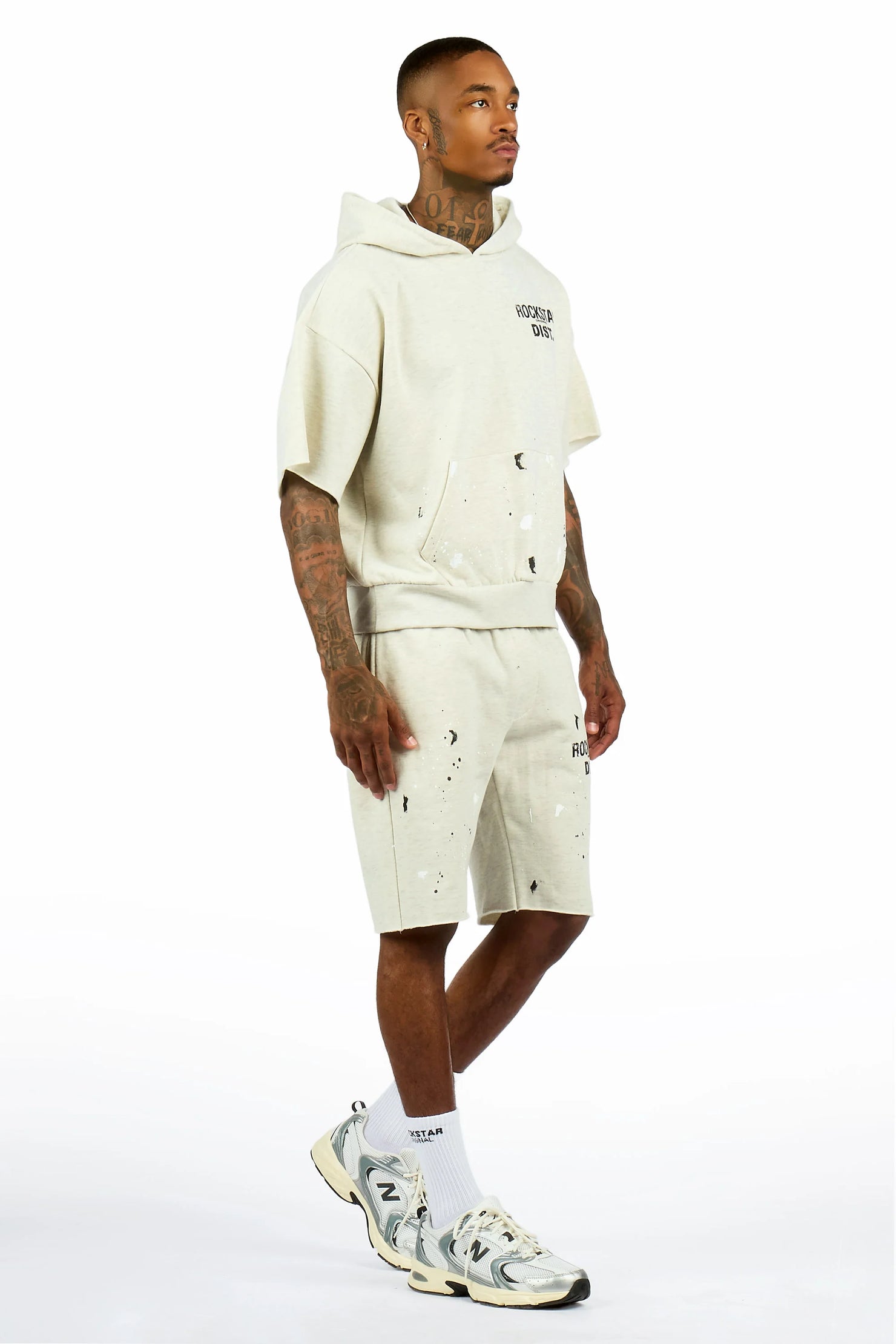 Raffer Light Oatmeal Cut Sleeve Hoodie Short Set