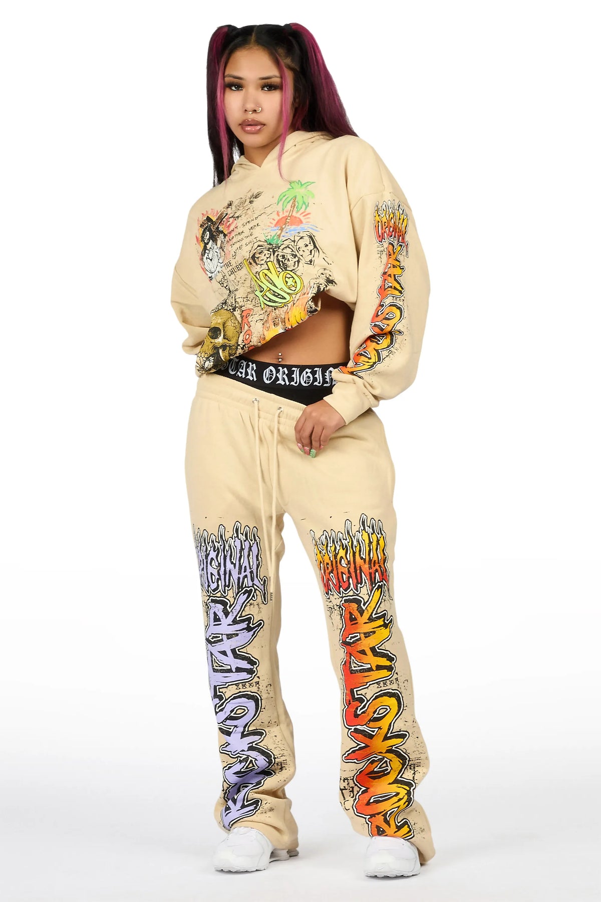 Luxoré Beige Graphic Baggy Fit Track Set