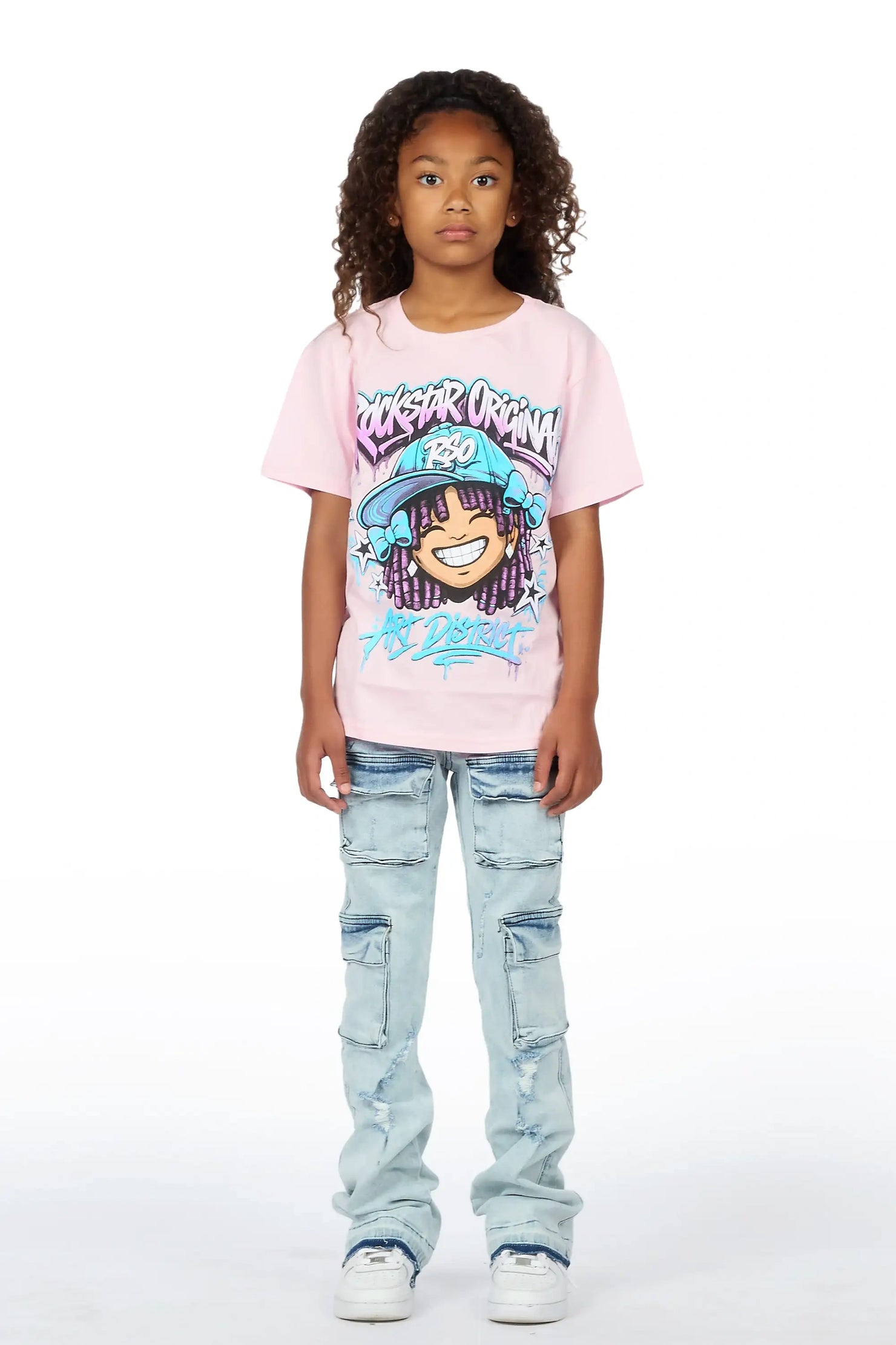 Girls Aze Pink/Light Wash T-Shirt Stacked Jean Set