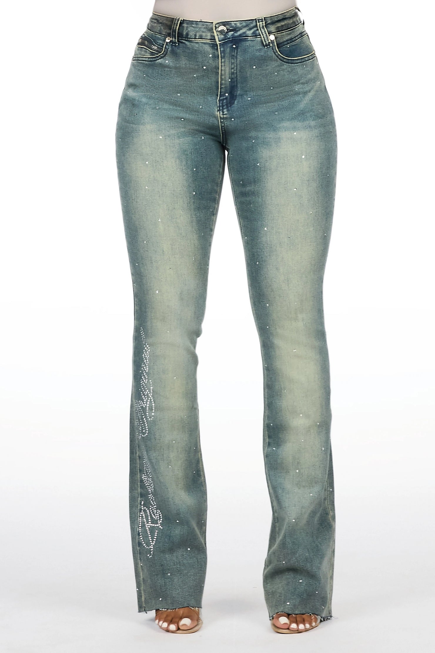 Chanteal Tinted Wash Rhinestone Stacked Flare Jean