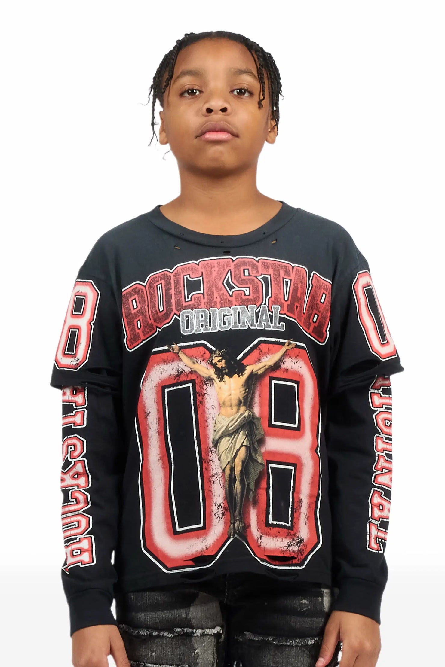 Boys Fields Black/Red Double Layer L/S Graphic T-Shirt