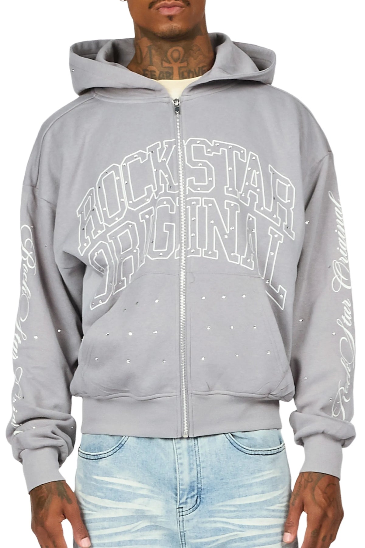 Dripped Vintage Grey Rhinestone Hoodie