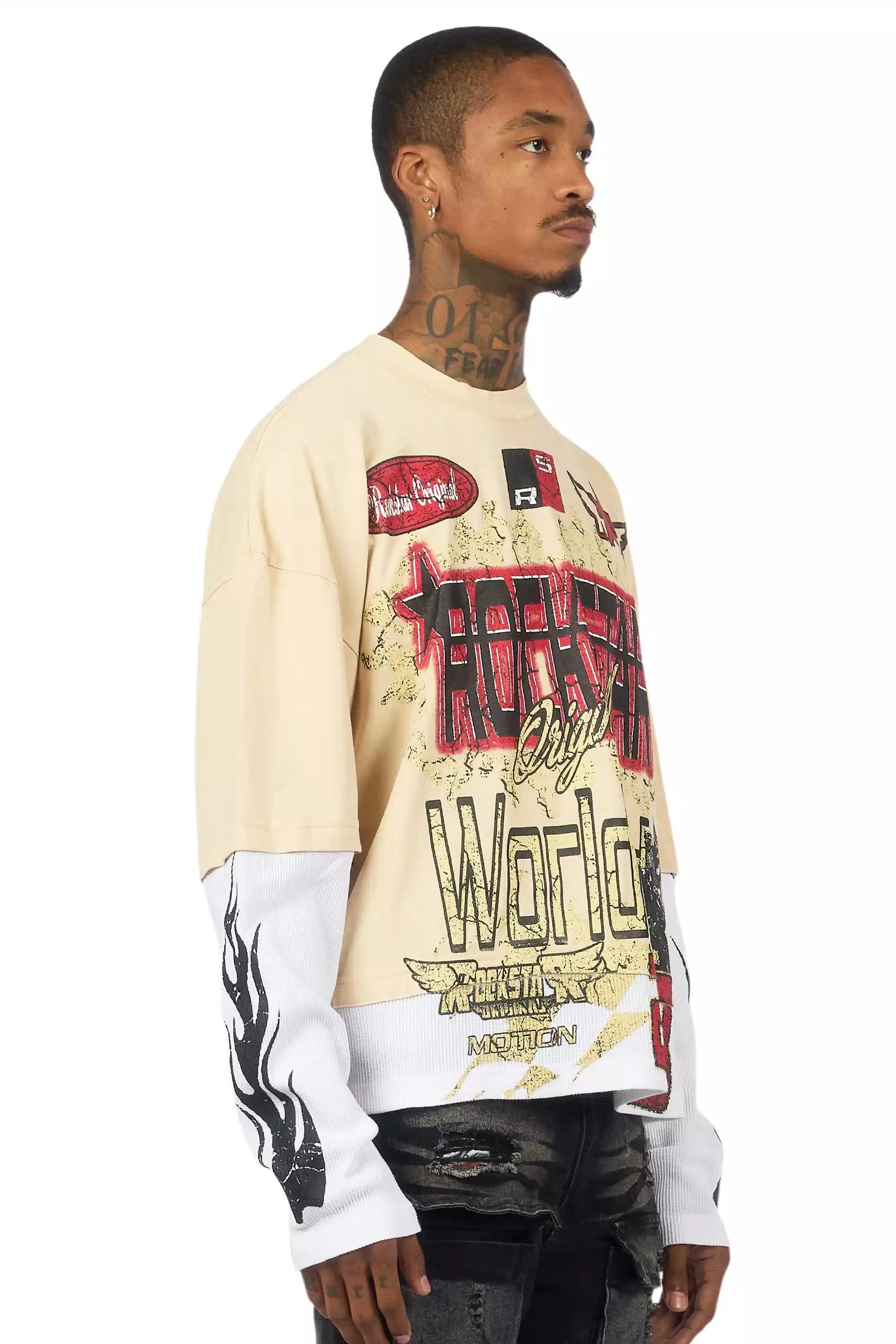 Deangelo Beige/Red Boxy Crop Double Layer Tee