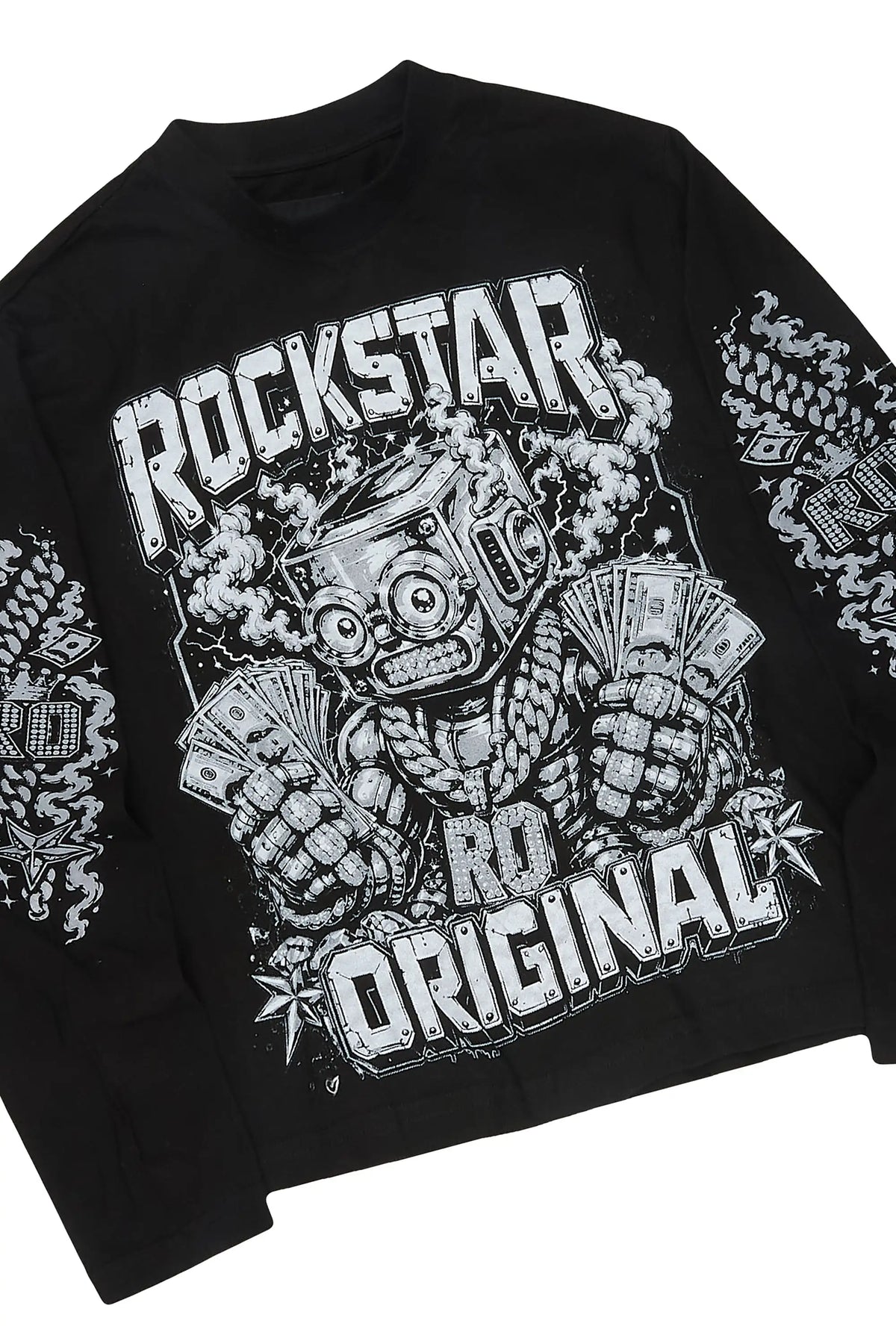 Boys Warrio Black Long Sleeve T-Shirt Stacked Frayed Jean Set