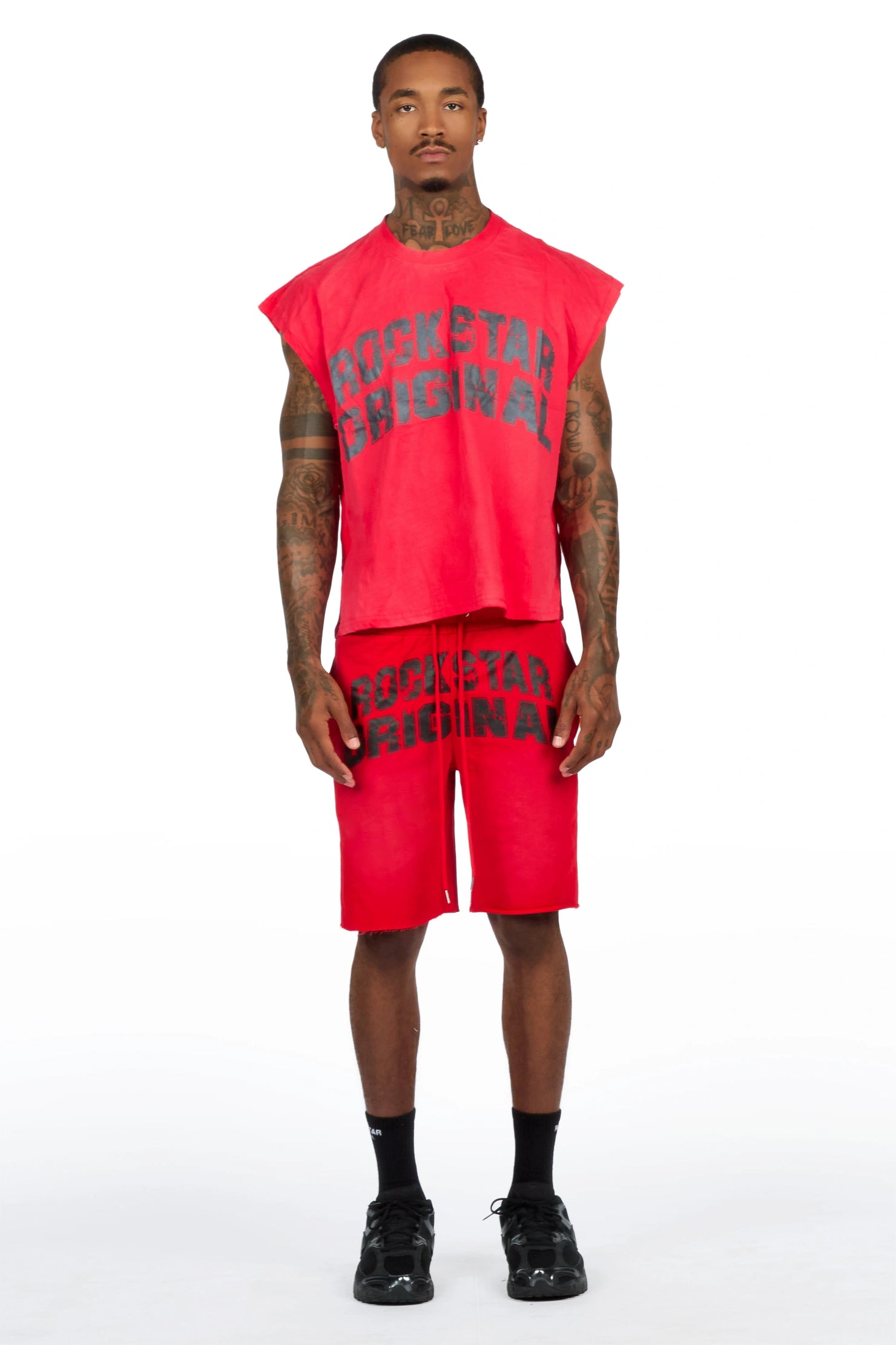 Tumo Red Cut Sleeve Crop Boxy Tee Short Set