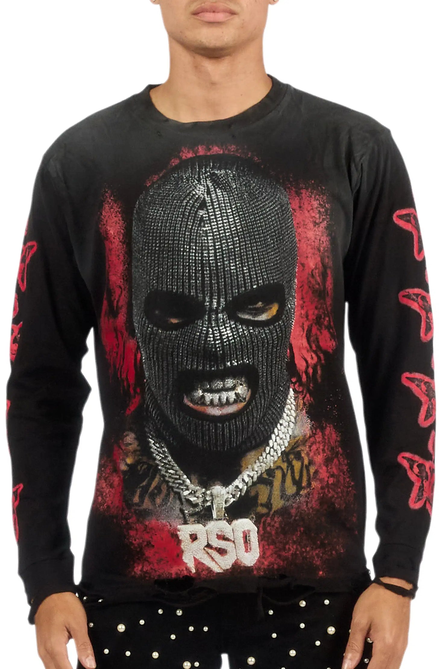 Tyvion Black/Red Long Sleeve Distressed Graphic T-Shirt