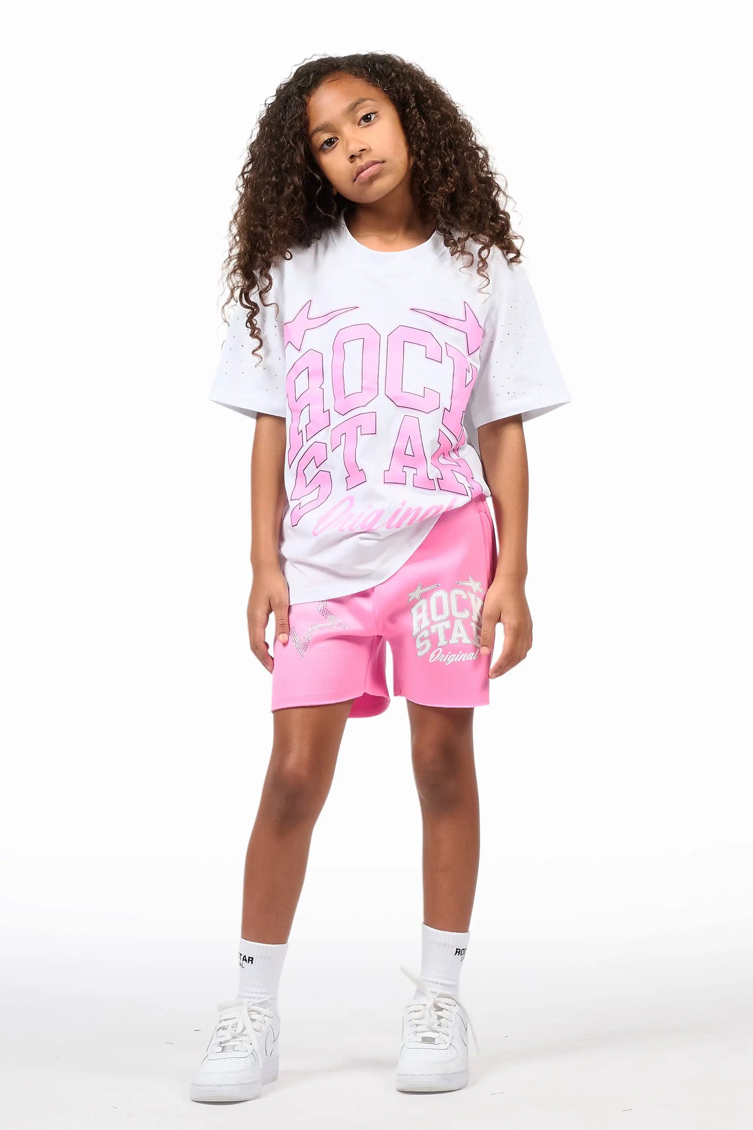 Girls Flaveya White/Pink Rhinestone T-Shirt Short Set