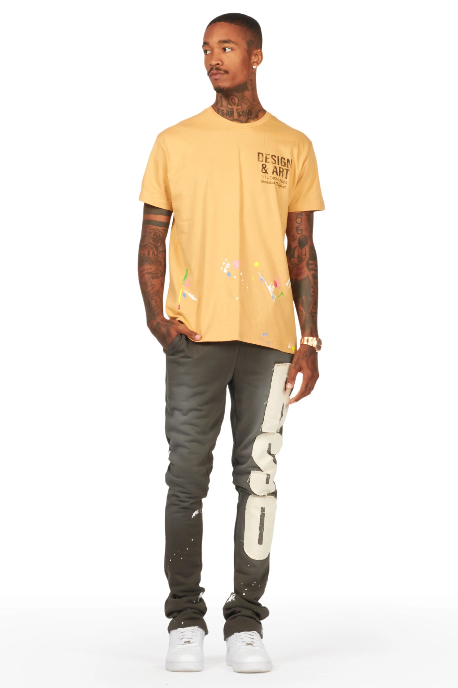 Acotas Olive Patchwork Stacked Flare Pants