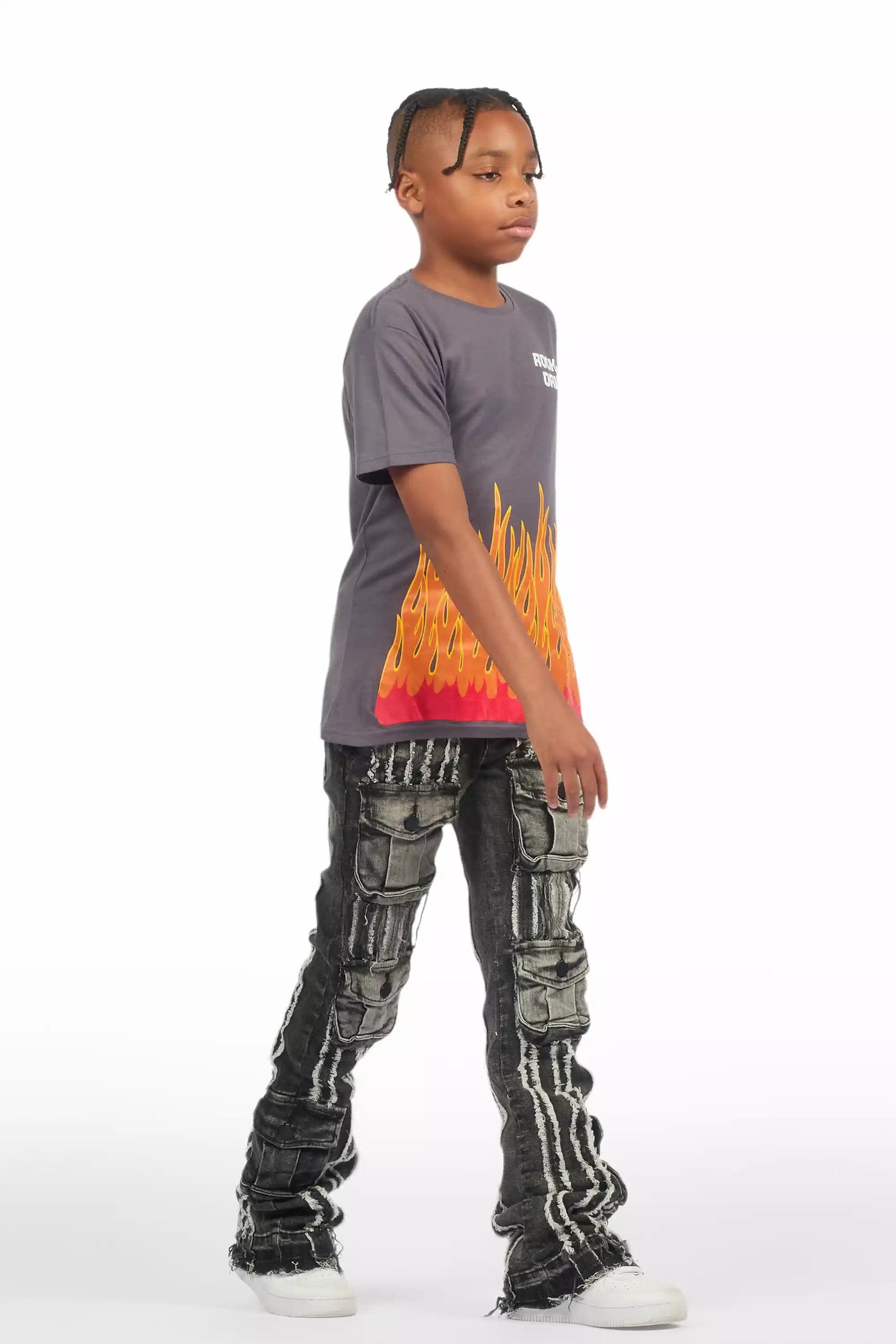 Boys Frey Black Stacked Flare Jean