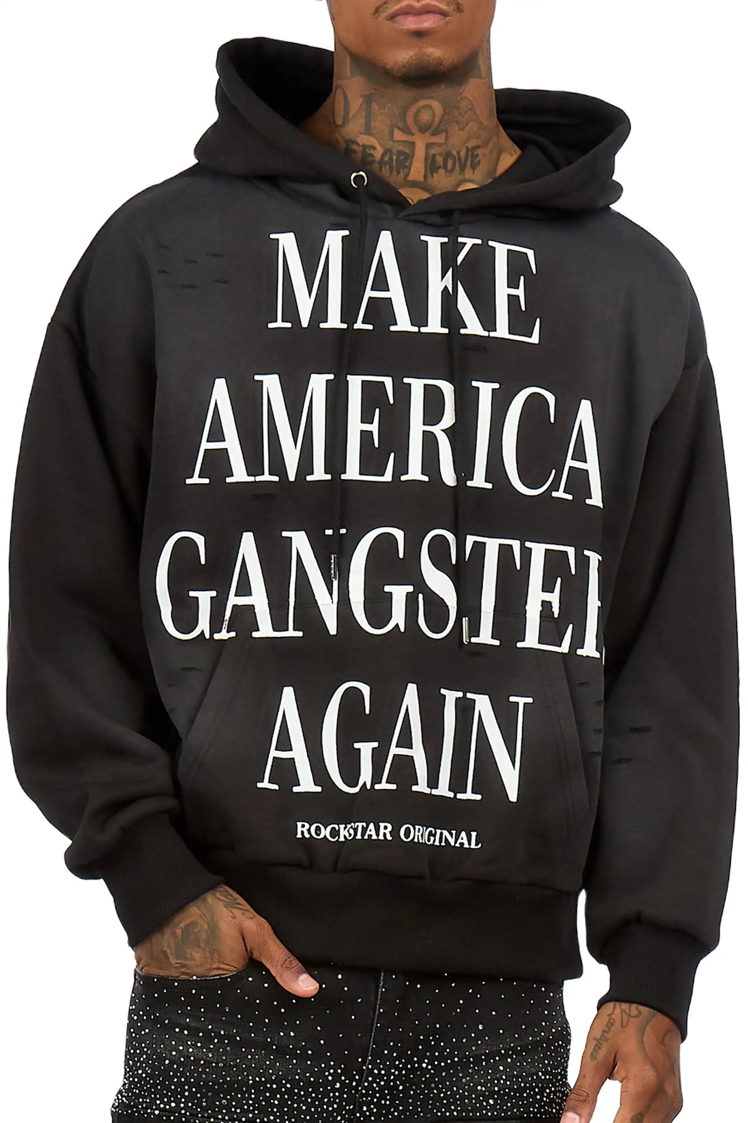 Drako Black Graphic Distressed Relaxed Hoodie