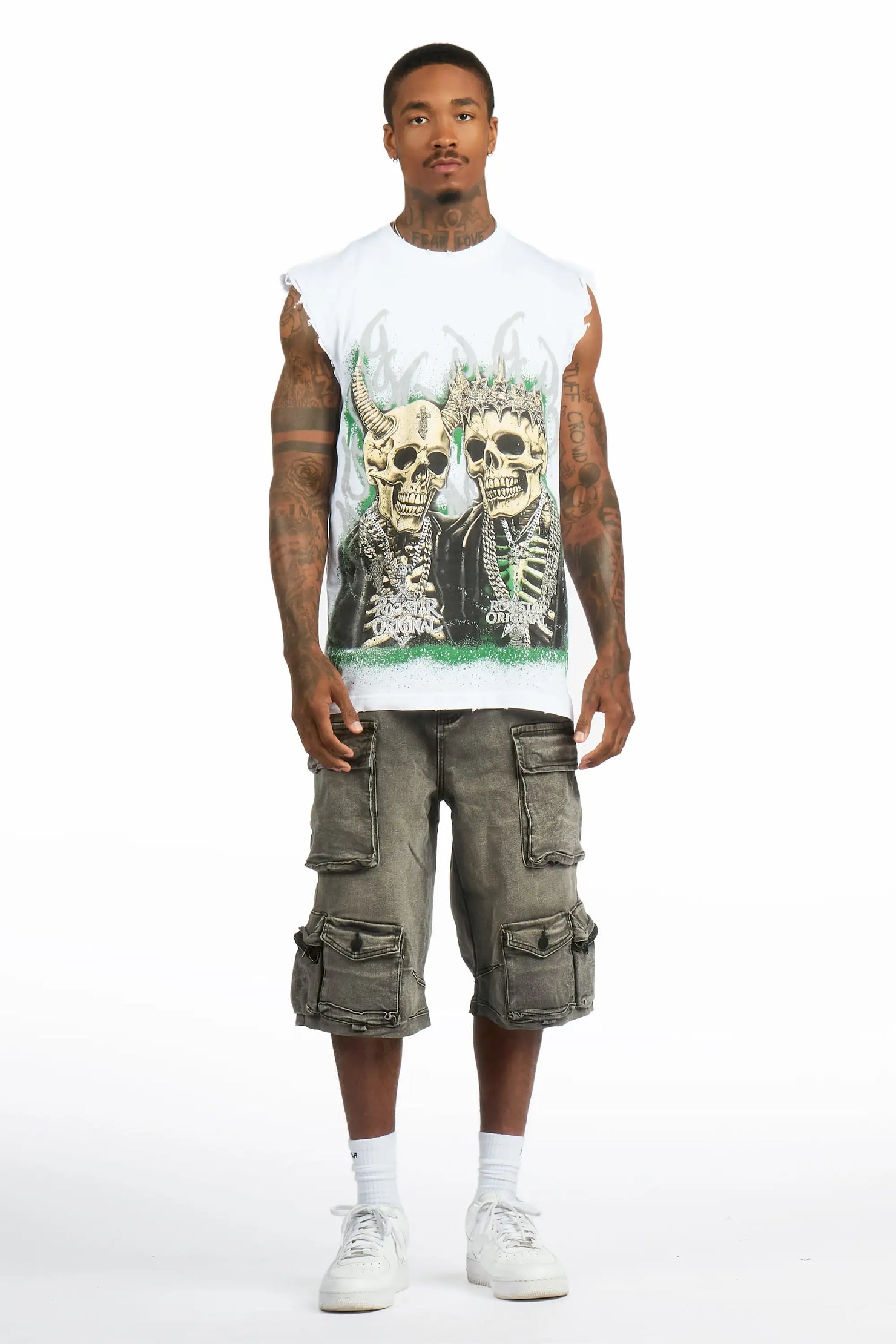 Kingston White/Grey Graphic T-Shirt & Mahesh Baggy Cargo Jean Short Set