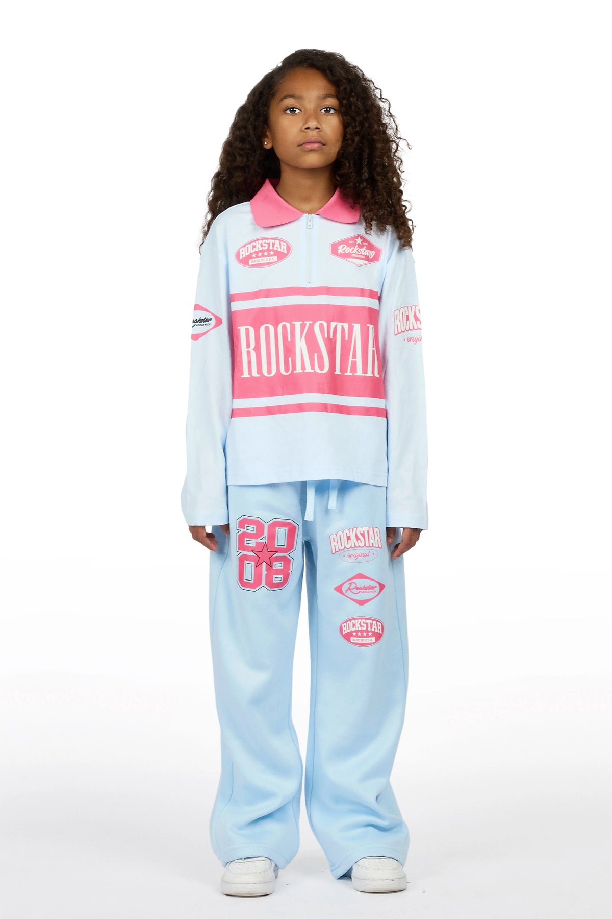 Girls Versenya Light Blue/Hot Pink Long Sleeve Polo Track Set