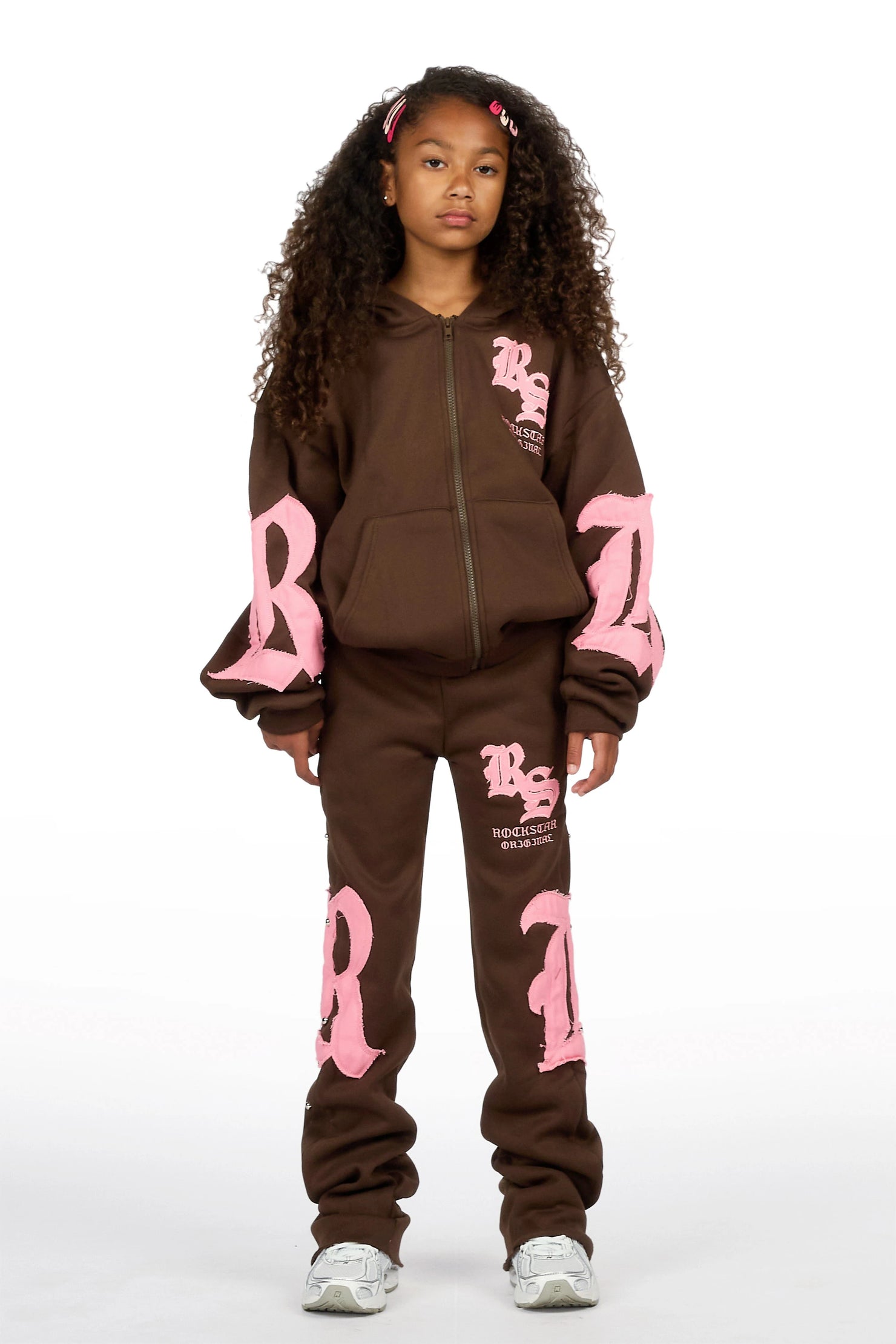 Girls Shironda Brown/Pink Zip Up Hoodie Stacked Track Set