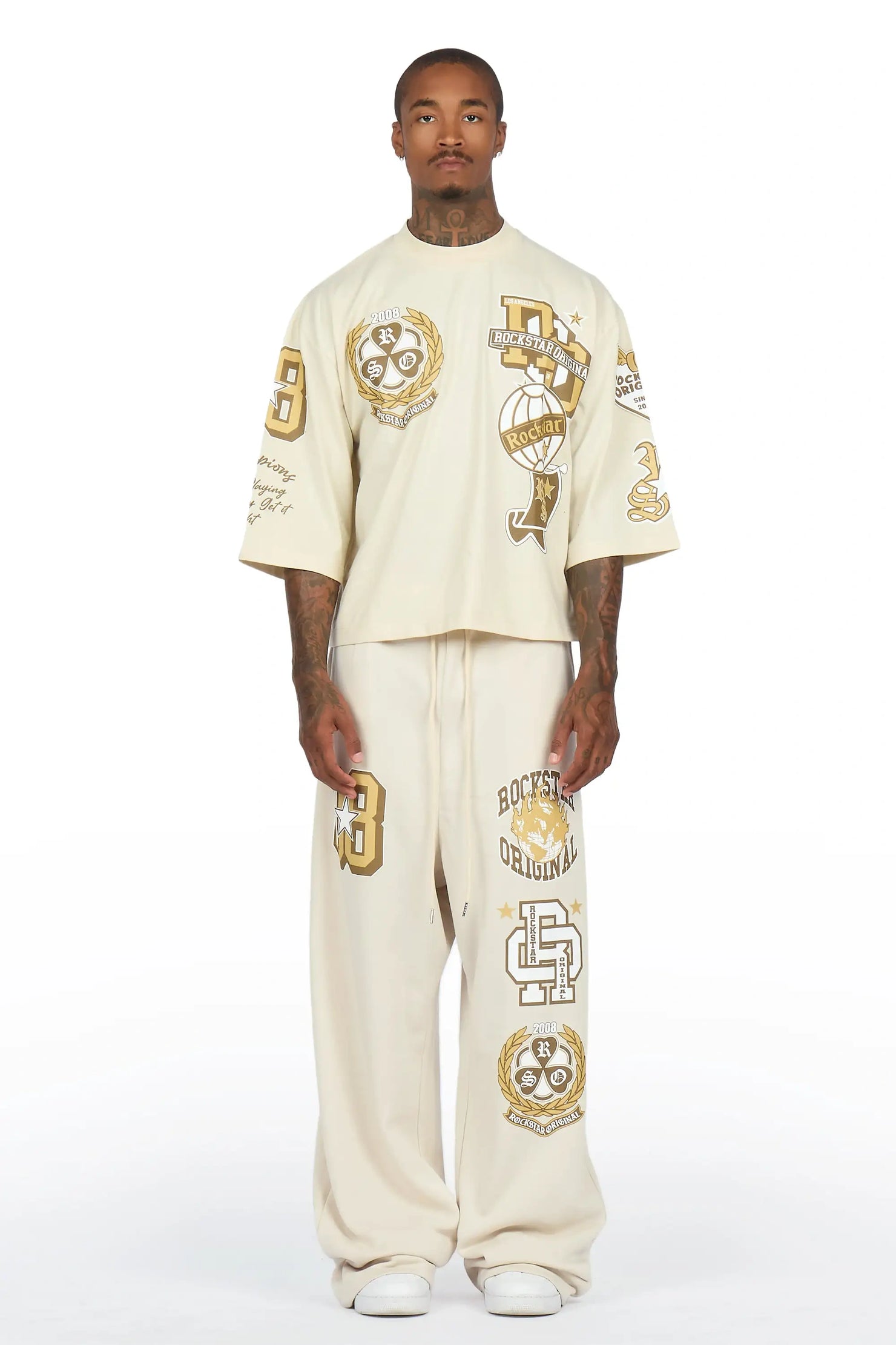 Gallant Beige 3/4 Crop Boxy Tee/ Fleece Baggy Pant Track Set