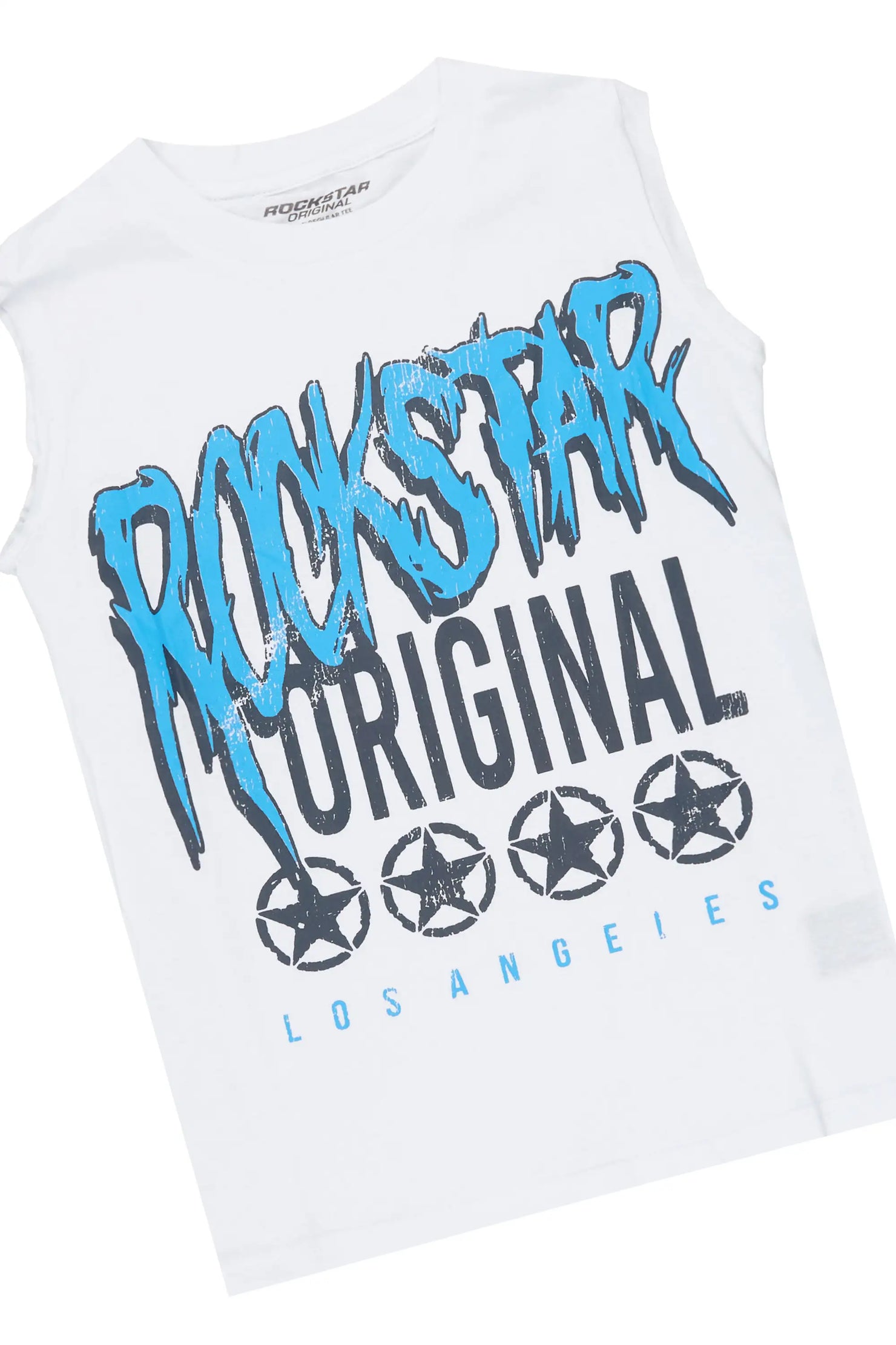 Boys Wizzurd White/Blue Cut Off Stacked Jean Set