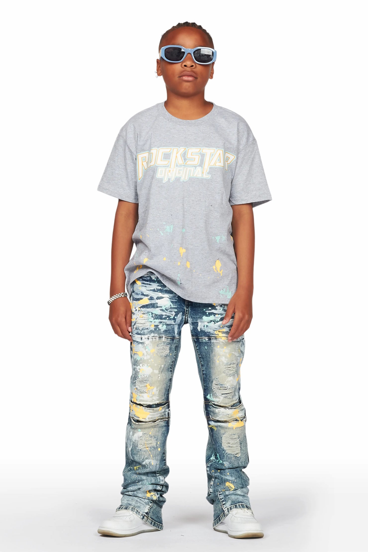Boys Nadir Grey T-Shirt/Stacked Flare Jean Set