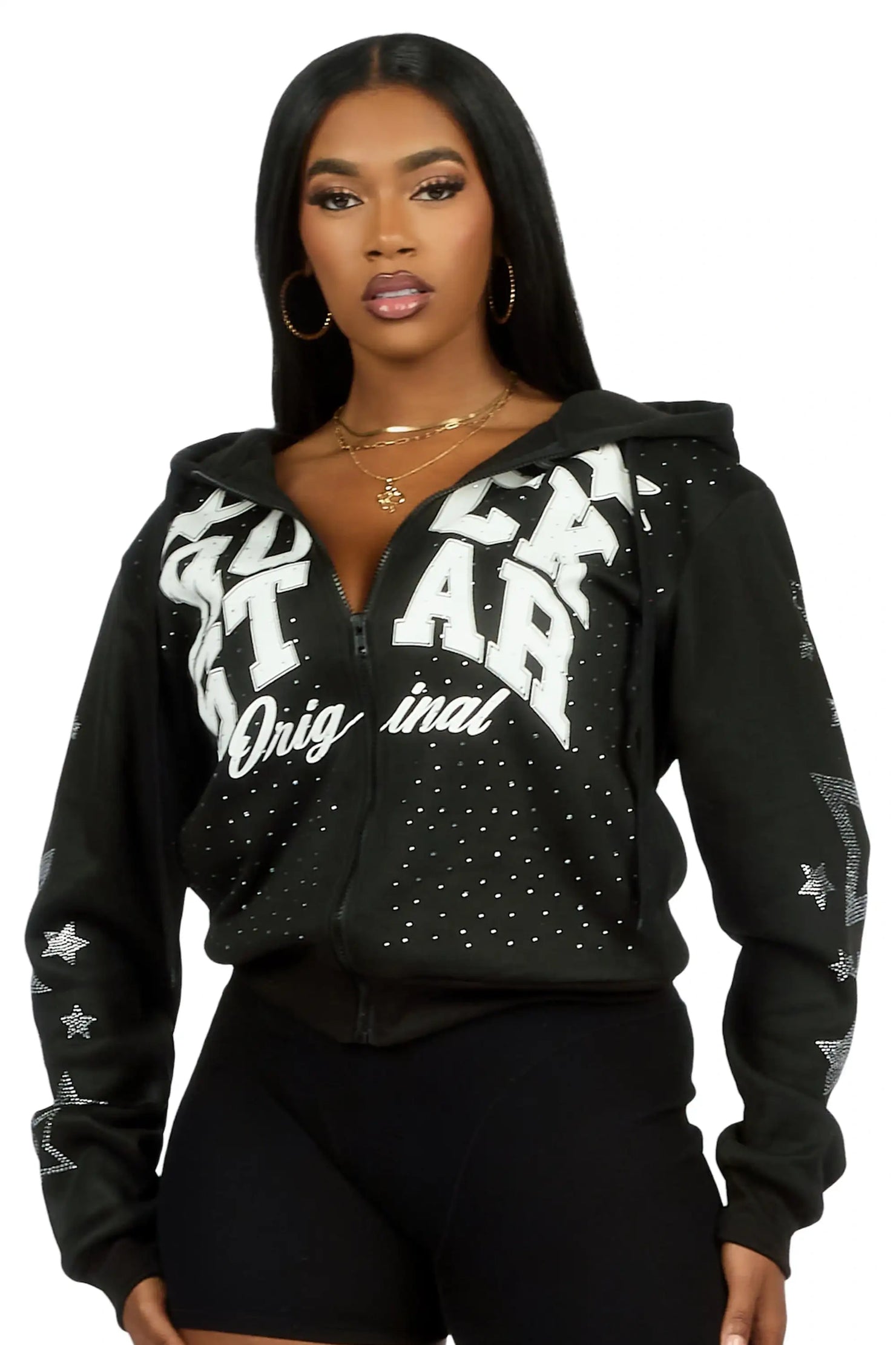 Flaveya Black Rhinestone Zip Up Hoodie