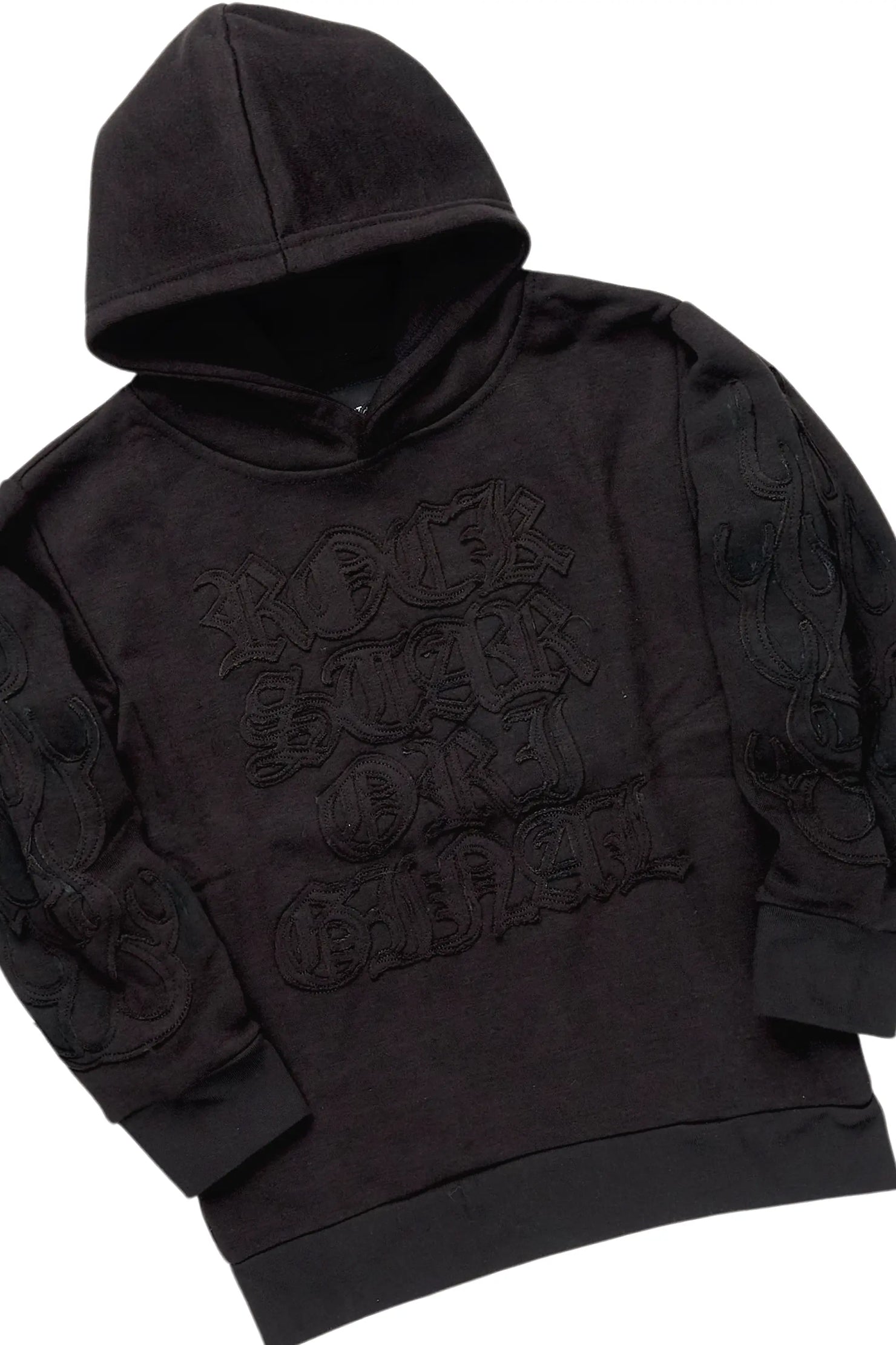 Boys Foresty Black Hoodie Stacked Flare Track Set