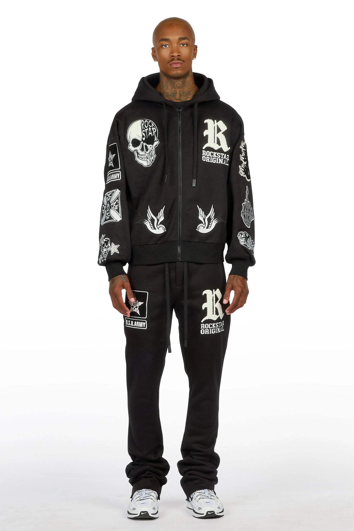 Vidar Black Zip Up Hoodie Stacked Track Set