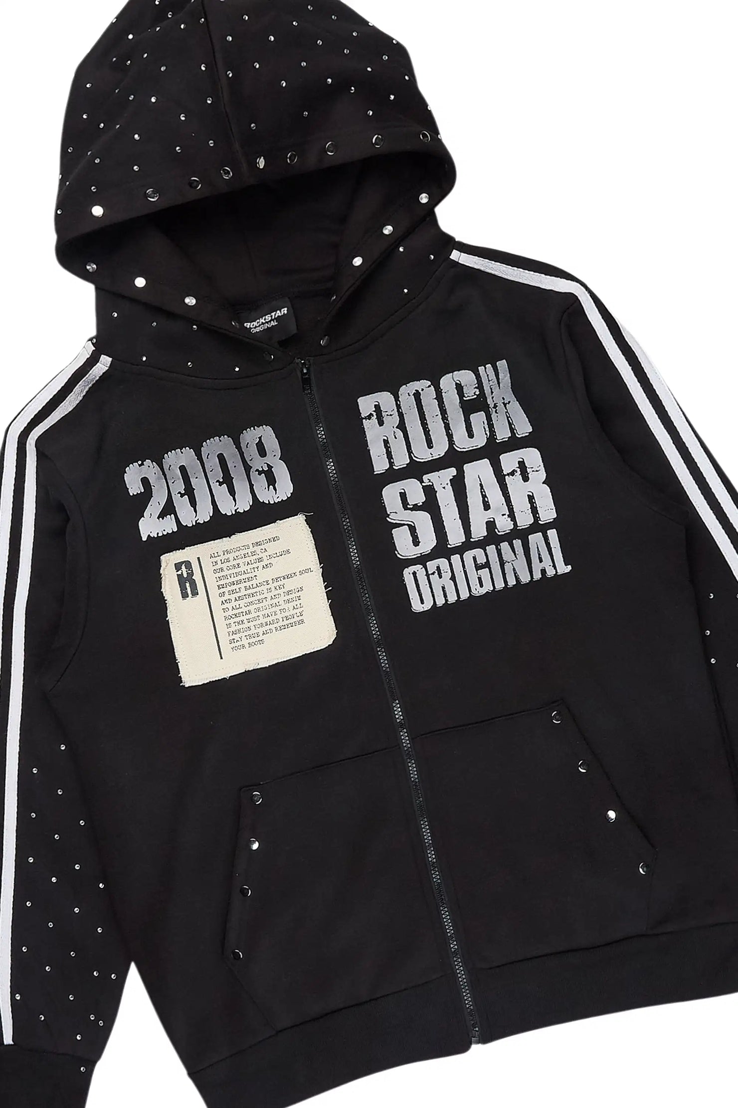 Gusti Black Rhinestone Stacked Flare Hoodie Track Set