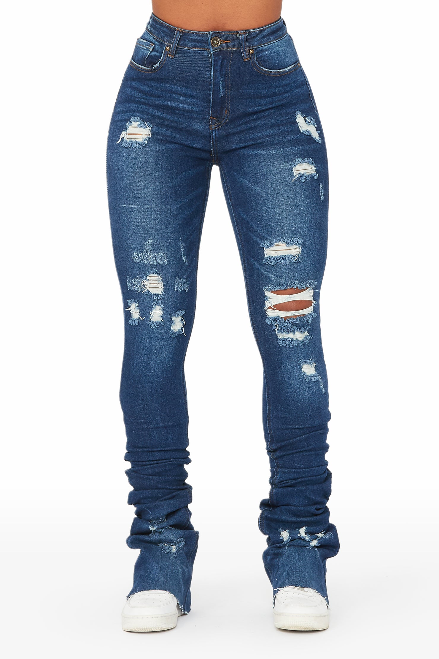 Samire Dark Wash Distressed Super Stacked Jean
