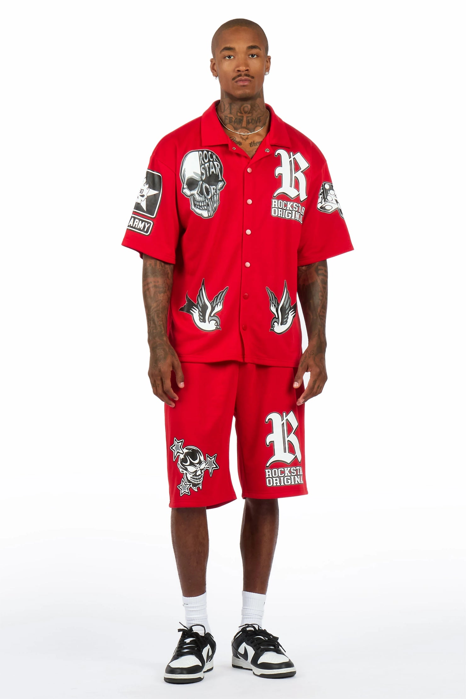 Vidar Red Button Down T-Shirt/Short Set