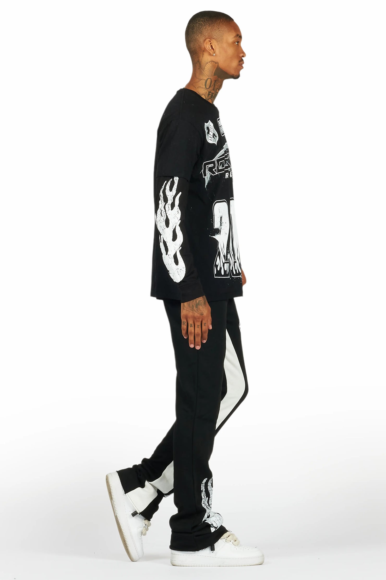 Amos Black Double Layer T-Shirt/Stacked Baggy Pant Set