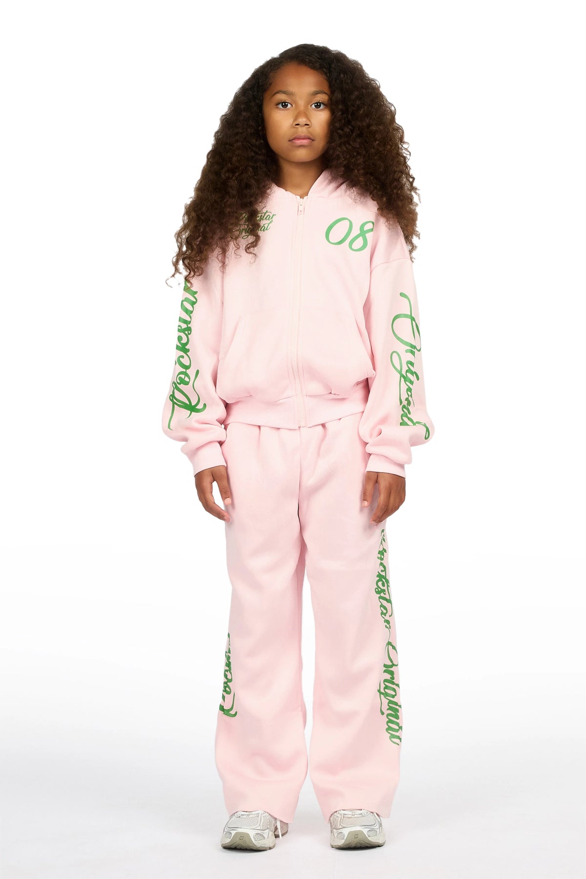 Girls Hanifa Light Pink/Green Zip Up Hoodie Relaxed Pant Track Set