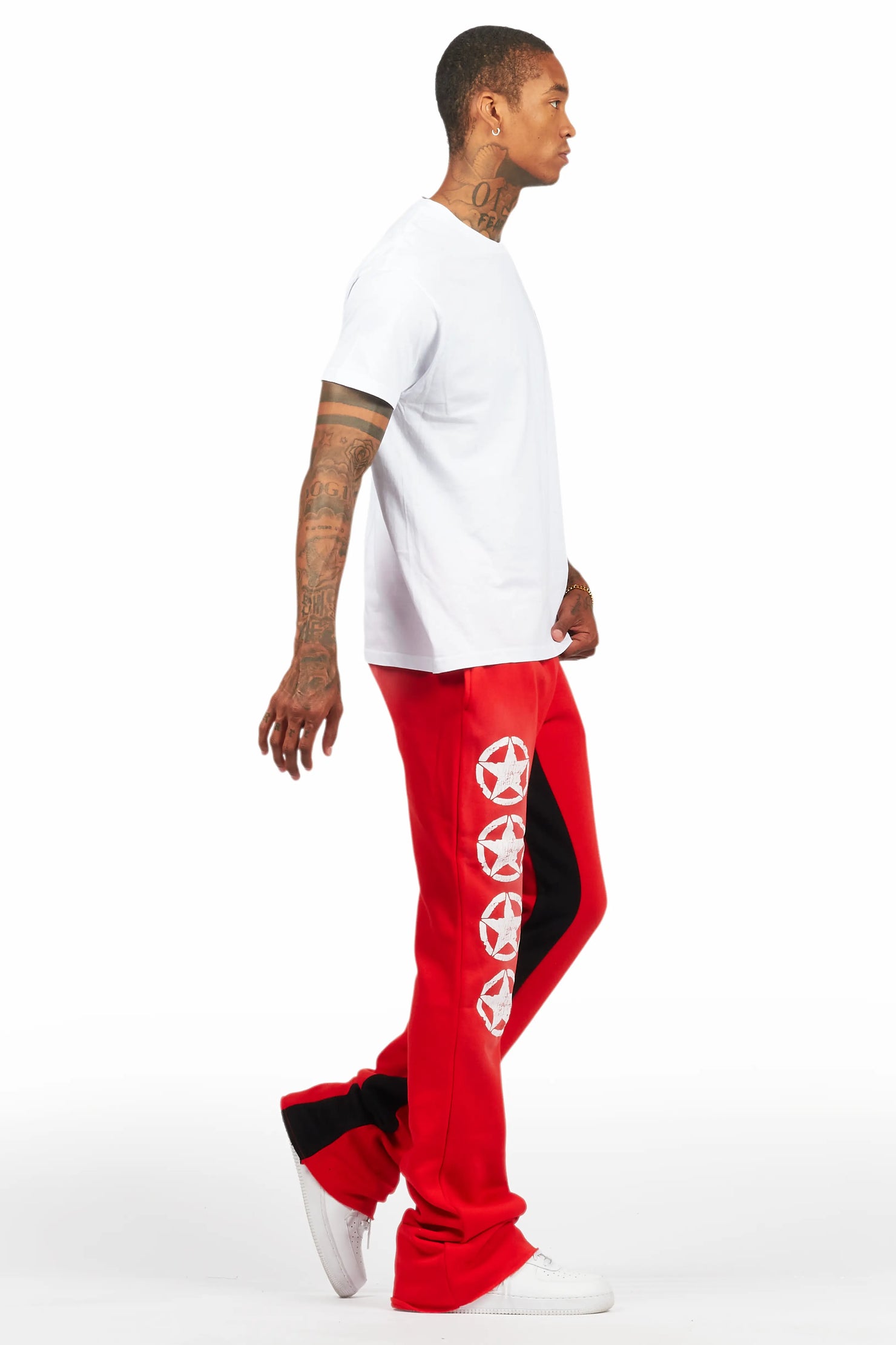 Wizzurd White/Red T-Shirt/Stacked Baggy Track Pant Set