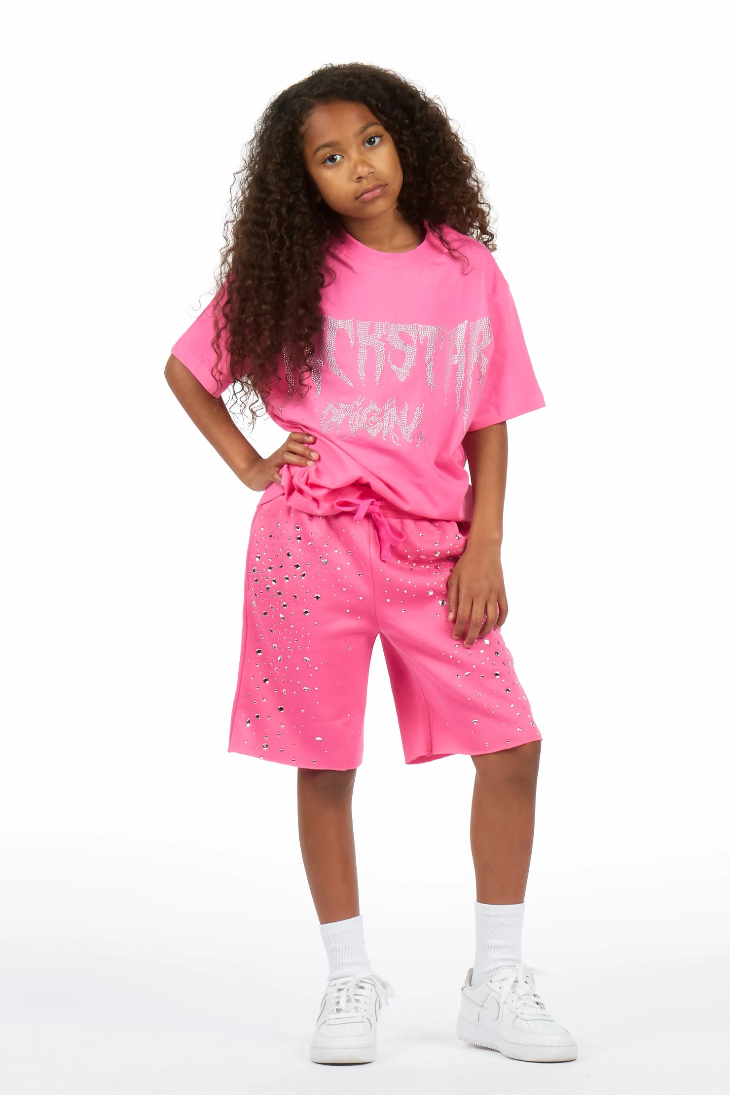 Girls Porsha Pink Rhinestone Short Set