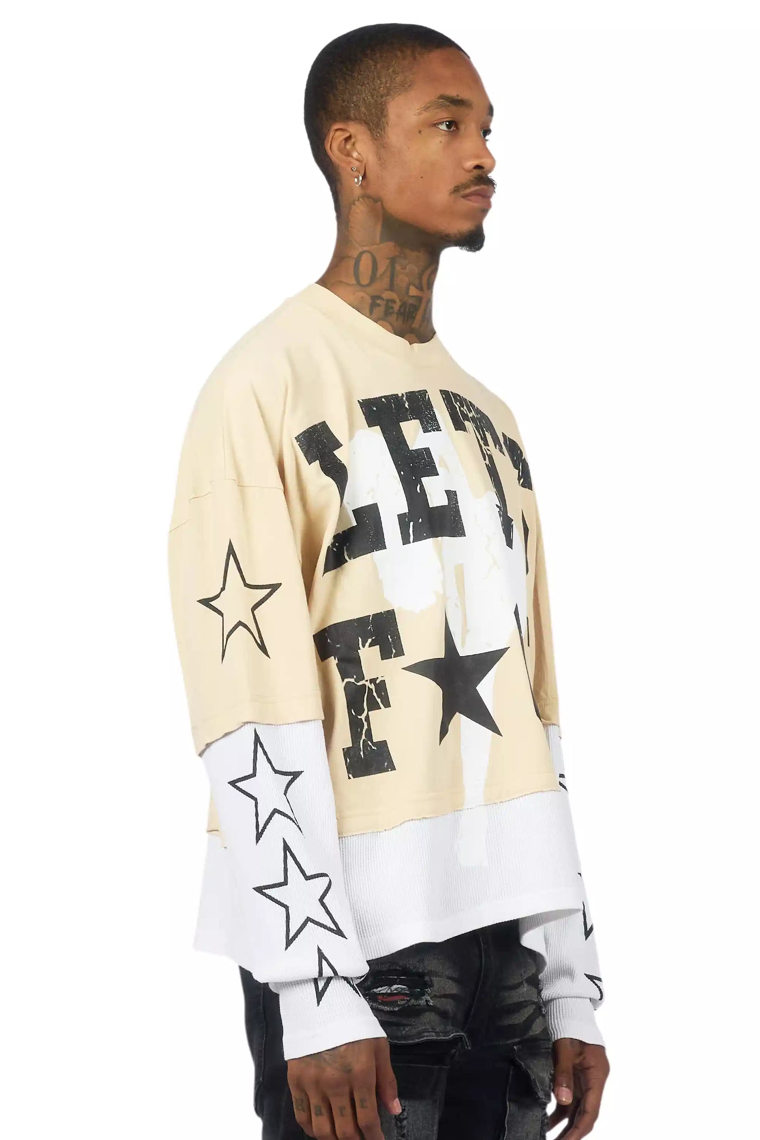Pacino Beige/Black Boxy Crop Double Layer Tee