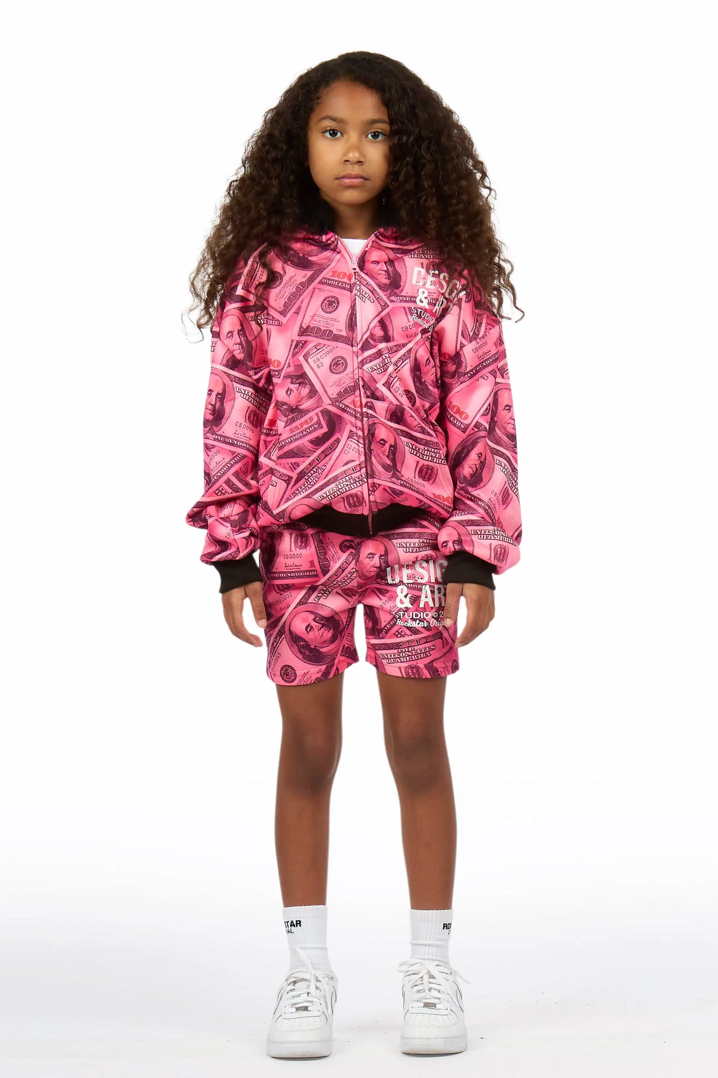 Girls Sidney Pink Zip Up Short Set With Fur Hood