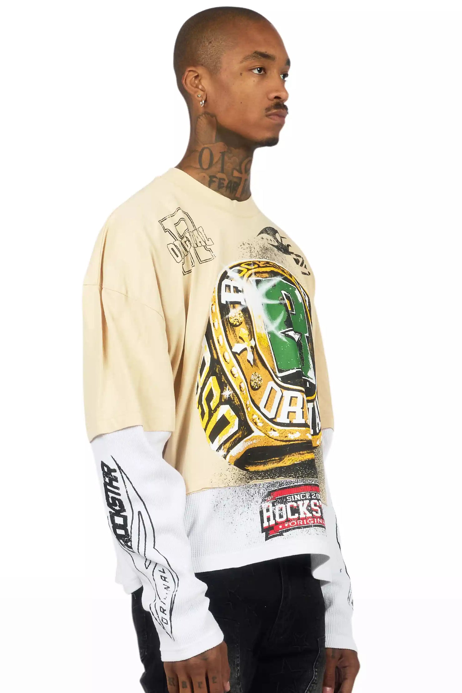 Gemchamp Beige/Red Boxy Crop Double Layer Tee