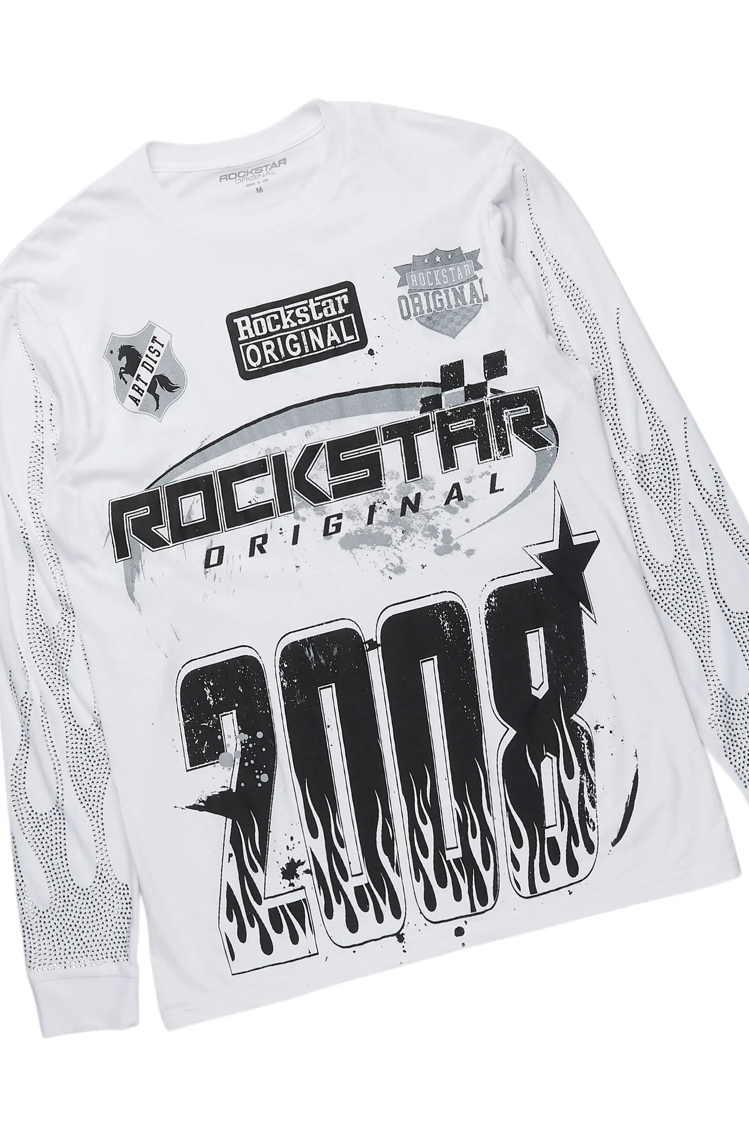 Amos White/Blue Rhinestone Long Sleeve T-Shirt/Stacked Flare Jean Set