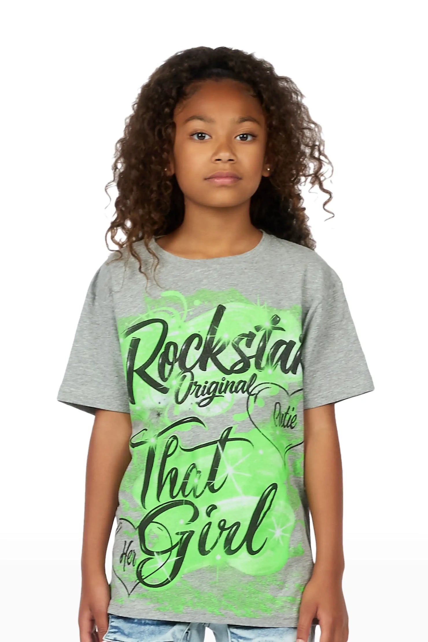 Girls Skye Grey/Emerald Graphic T-Shirt