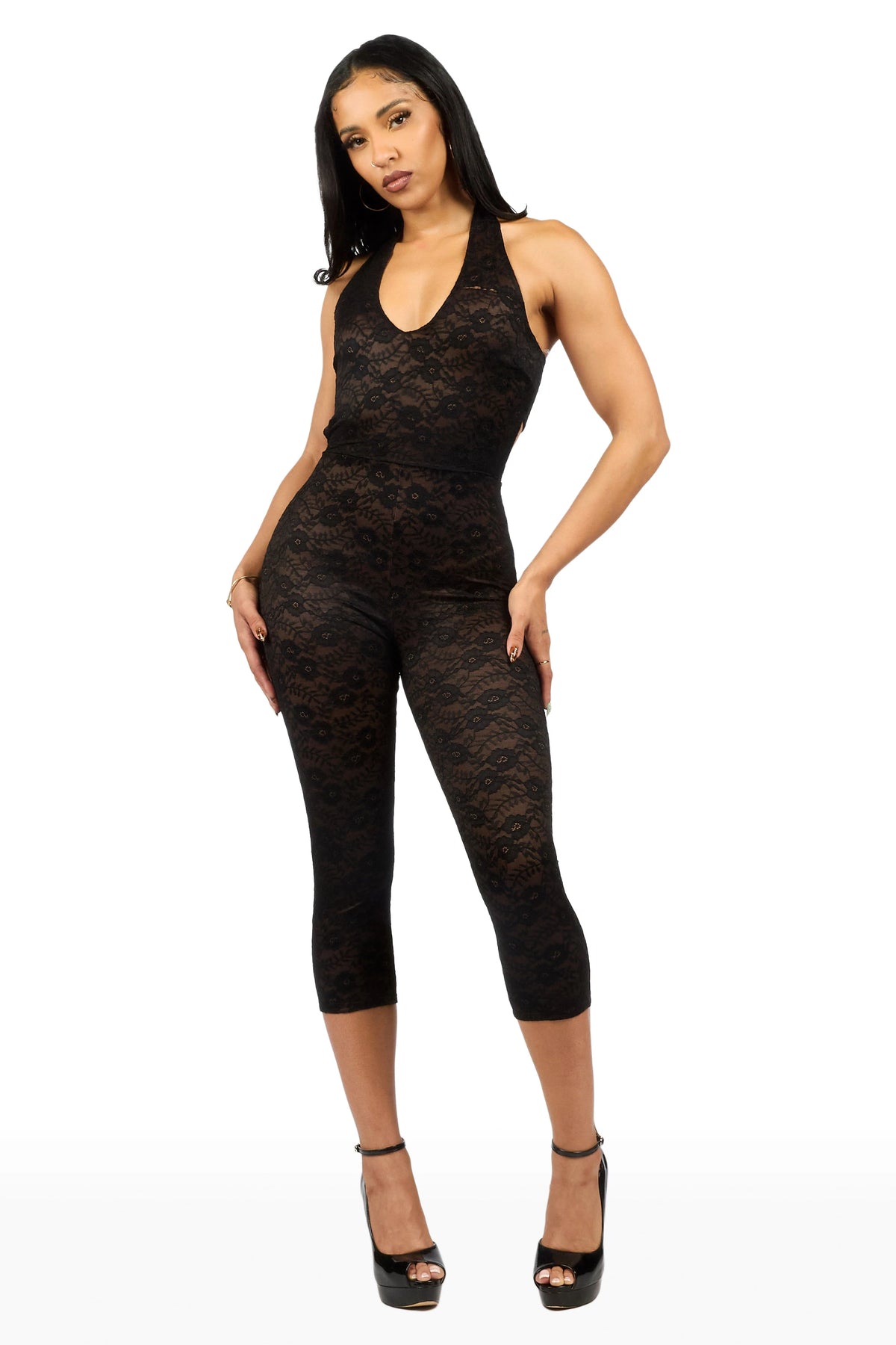 Lacey Floral Black Capri Jumpsuit