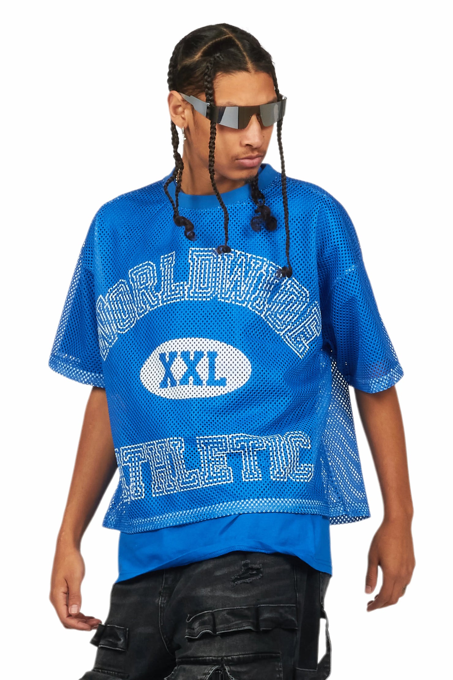 Sabas Royal Blue Graphic Crop Top Mesh Jersey