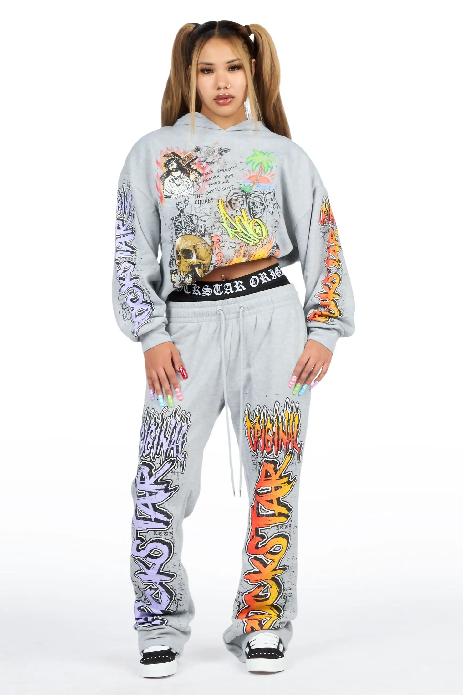 Luxoré Heather Grey Graphic Baggy Fit Track Set