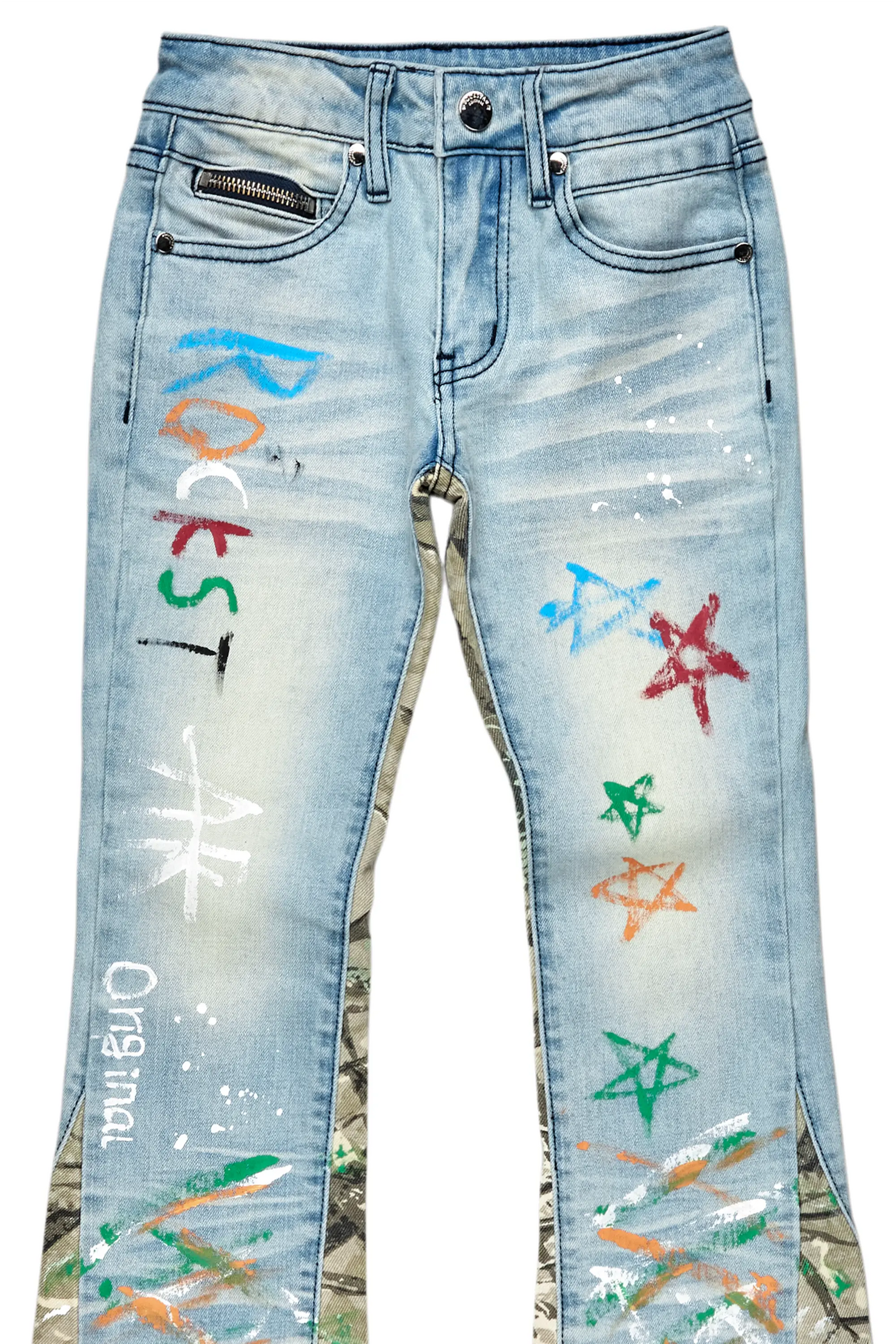 Boys Strass Blue Painted Stacked Flare Jean