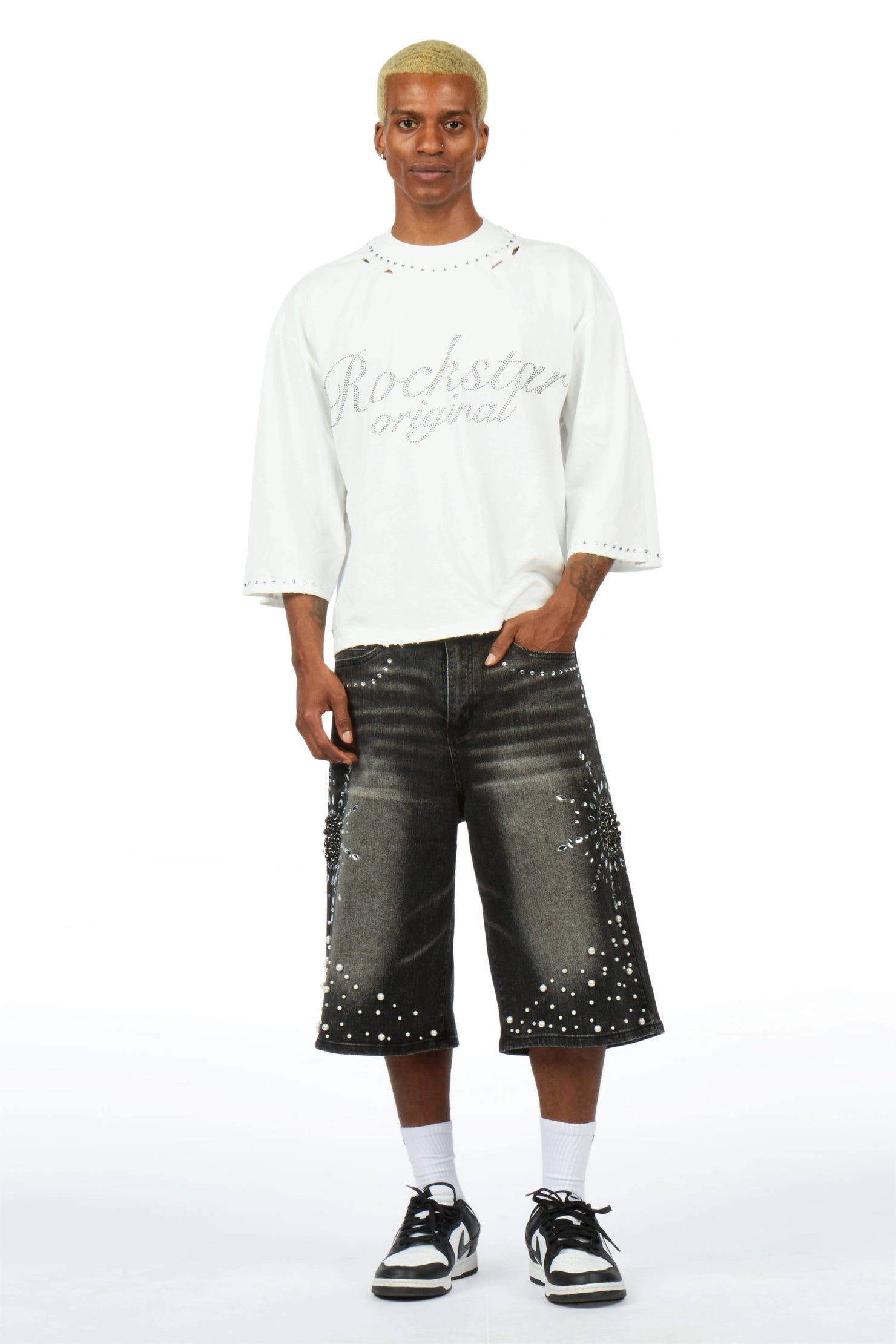 Tryst Grey Rhinestone T-Shirt Denim Jort Set