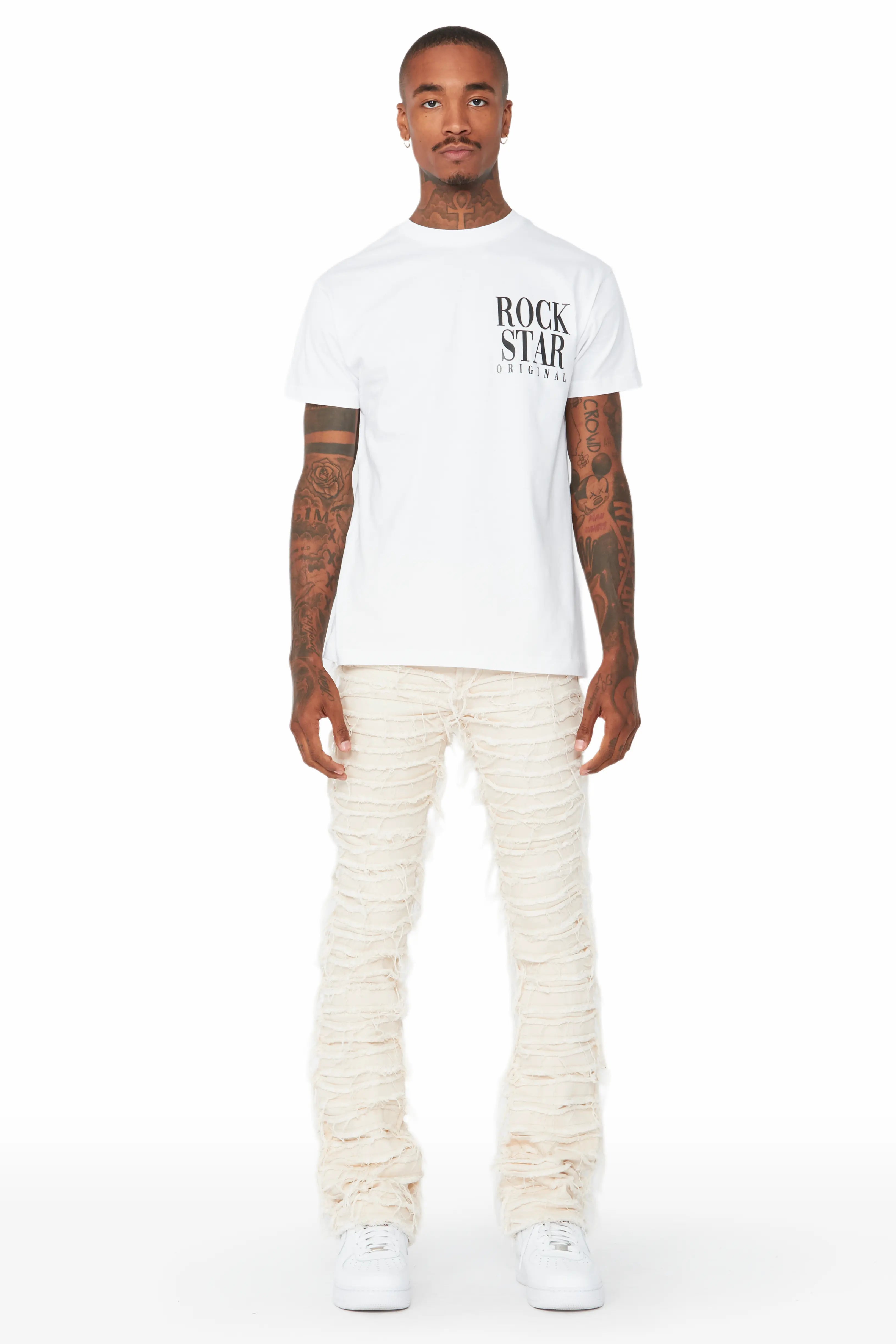 Cassius Beige Stacked Flare Jean