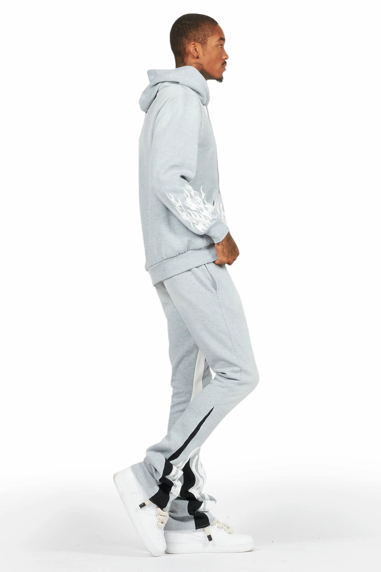 Bubble Heather Grey Stacked Flare Hoodie Track Set