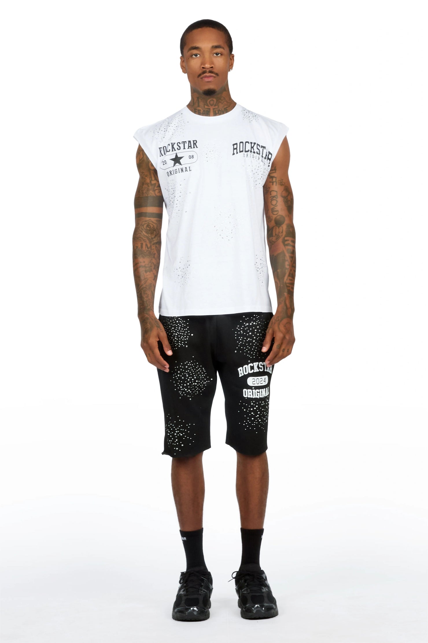 Gutta 2.0 White/Black Rhinestone Cut Sleeve T-Shirt/Short Set