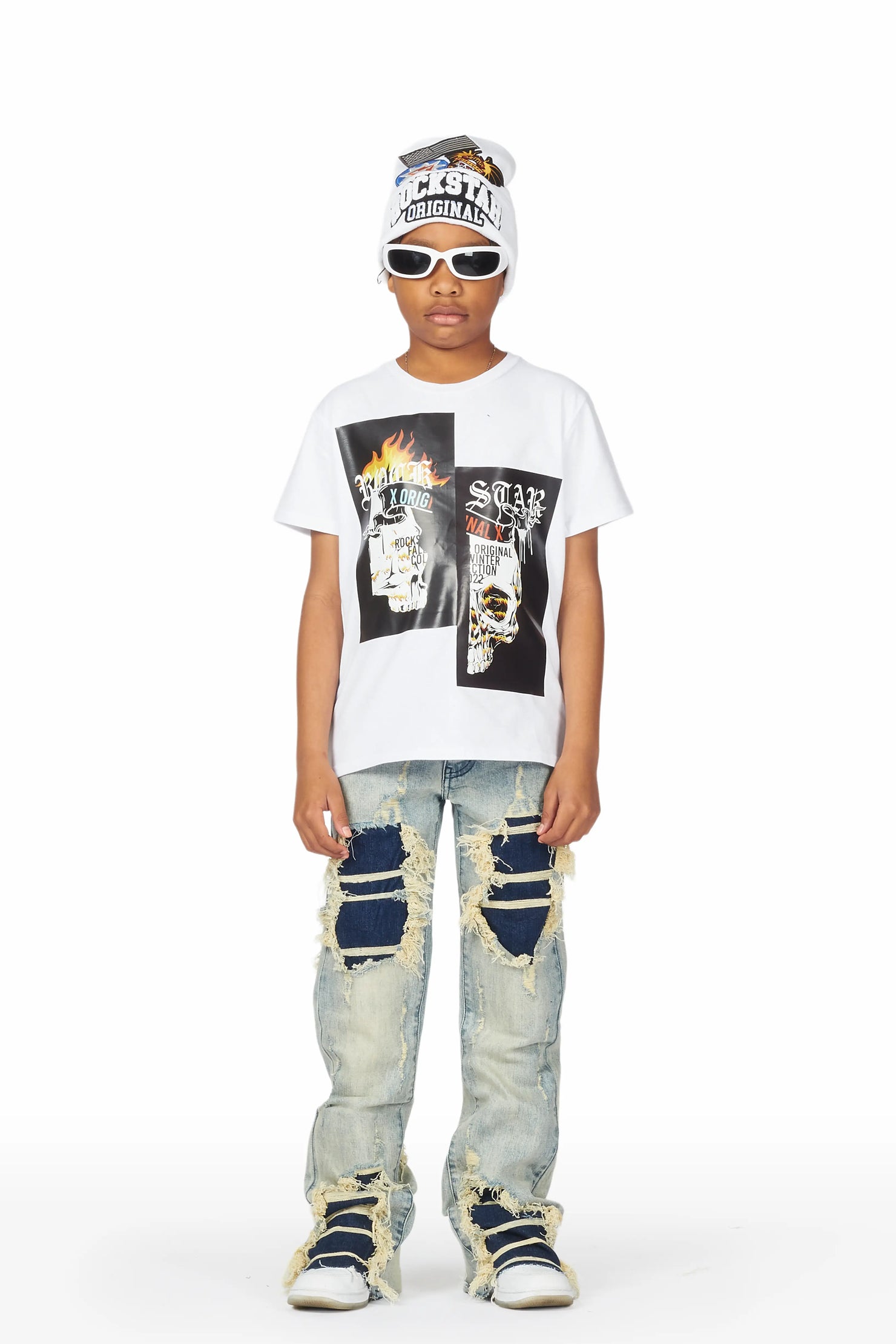 Boys Baam White/Blue T-Shirt/Stacked Flare Jean Set