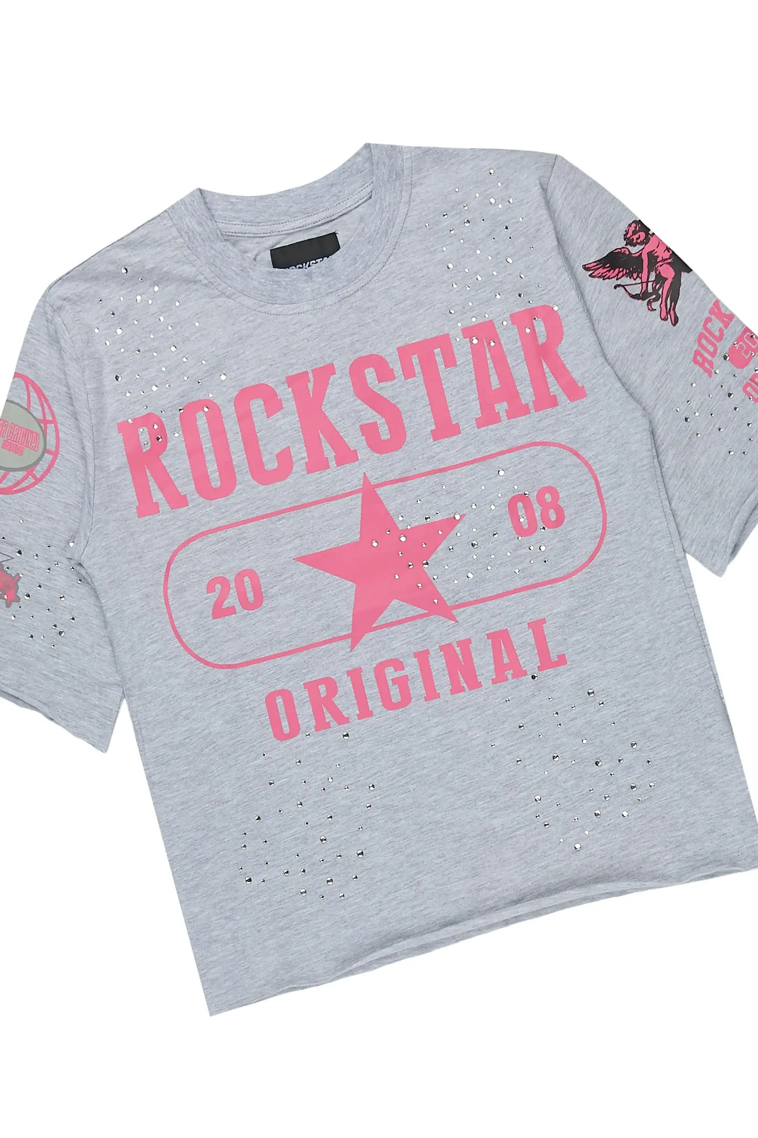 Girls Kyesha Grey Rhinestone Boxy T-Shirt Short Set