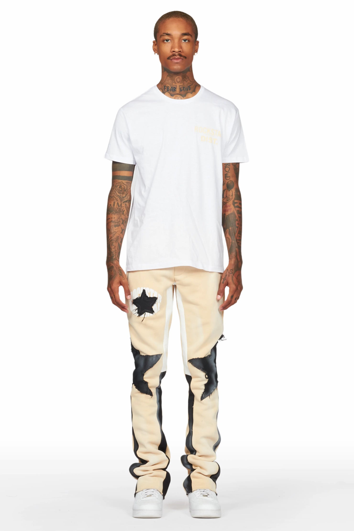 Capron Beige Patchwork Stacked Flare Pants