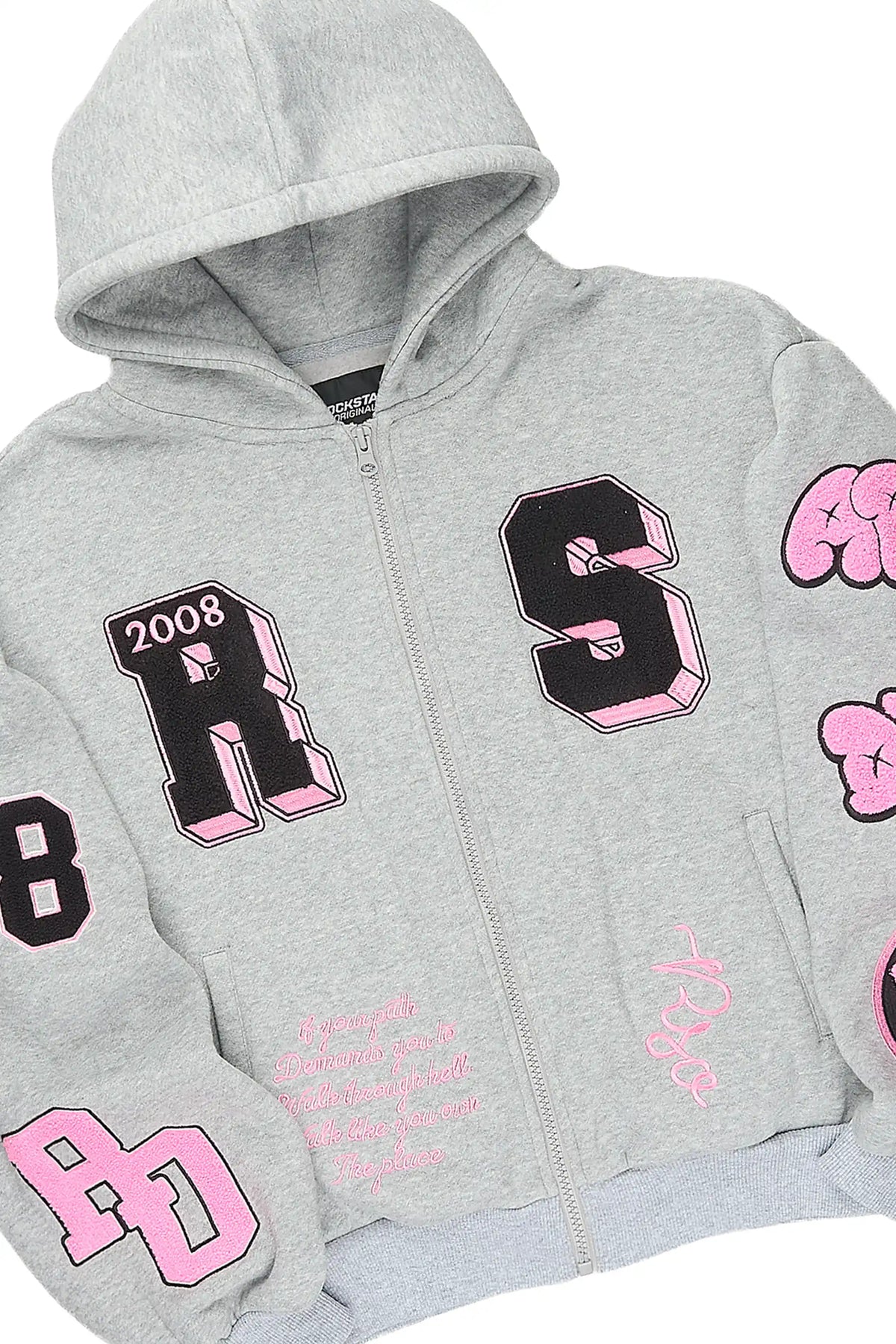 Girls Leslee Heather Grey/Pink Hoodie/Stacked Flare Track Set
